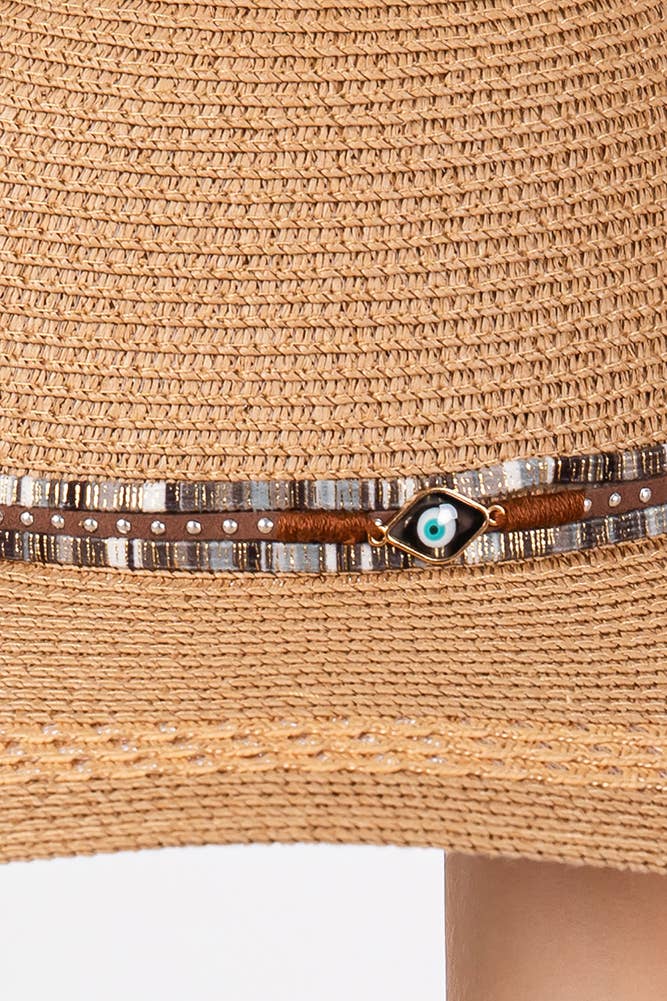 Evil Eye and Multi Design Band Wide Brim Straw Hat boho clothing, festival outfit, hippie style apparel | Elevated Hippie