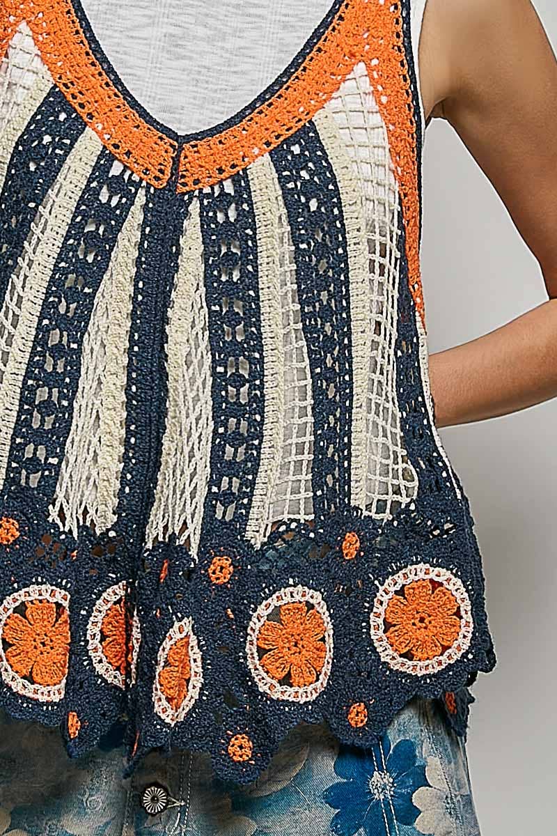 V-Neck Sleeveless Scalloped Edge Stripe Border Crochet Top boho clothing, festival outfit, hippie style apparel | Elevated Hippie