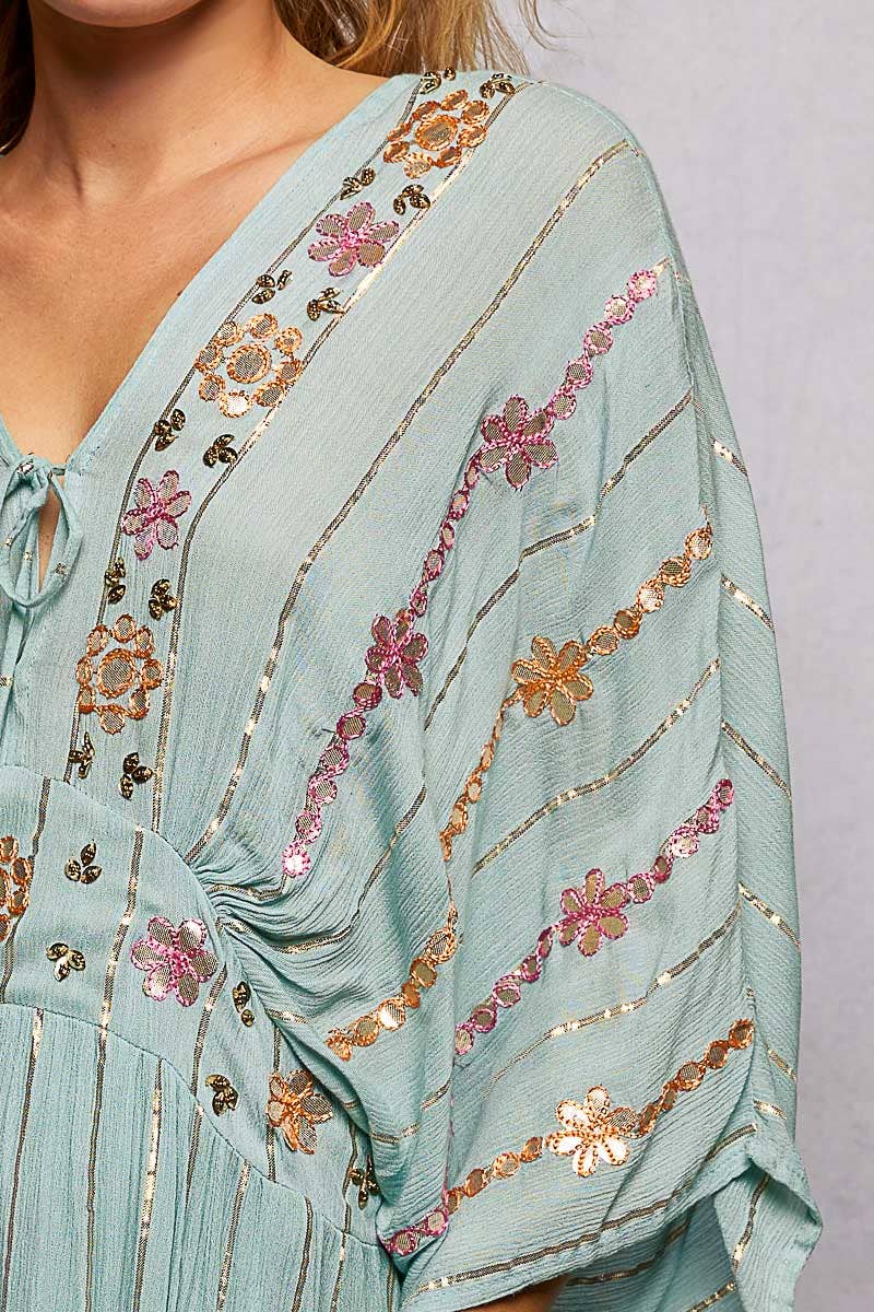 V-Neck Tassel Glint Embroidery Cotton Flowy Fit Maxi Dress boho clothing, festival outfit, hippie style apparel | Elevated Hippie