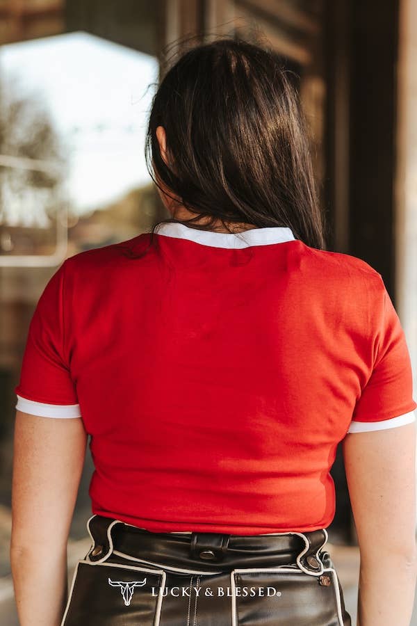 Red Ivory Contrast Neckline Sleeve Waist Length Top boho clothing, festival outfit, hippie style apparel | Elevated Hippie