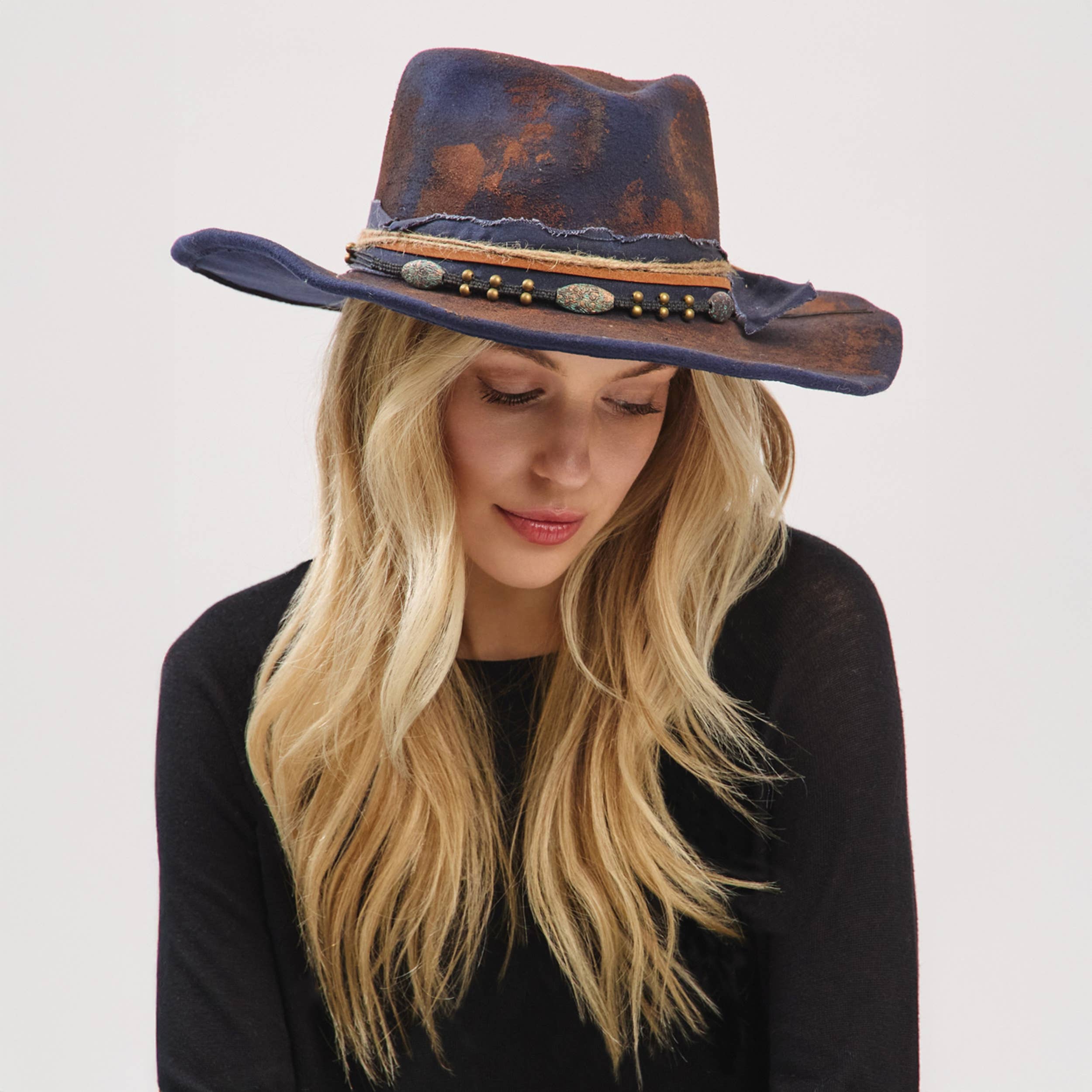 Distressed Fabric Multi Band Cowgirl Fedora Hat boho clothing, festival outfit, hippie style apparel | Elevated Hippie