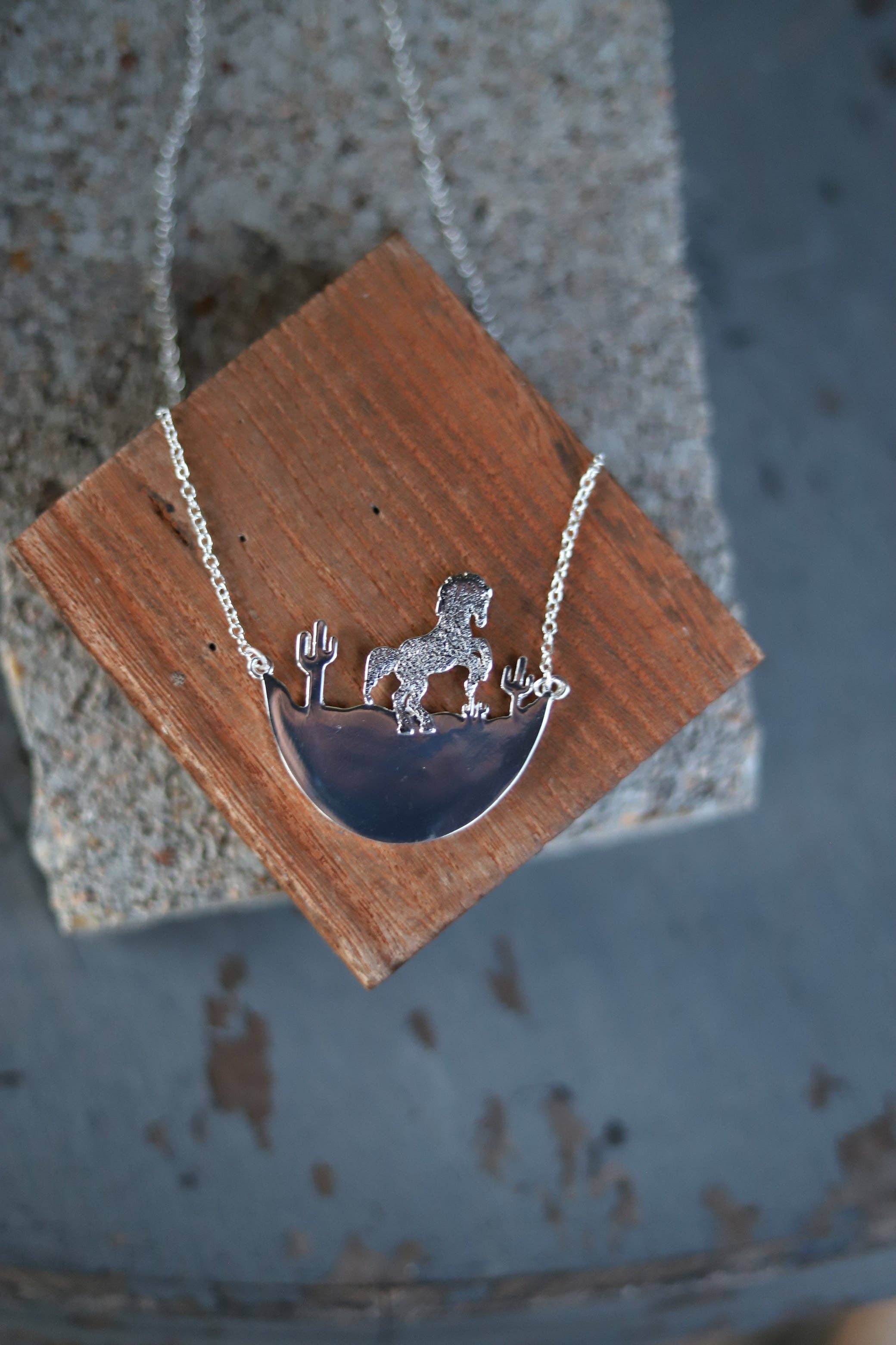 0789 HH109 22' WESTERN HORSE SCENE CUTOUT ON TINY SILVER CHAIN NL boho clothing, festival outfit, hippie style apparel | Elevated Hippie