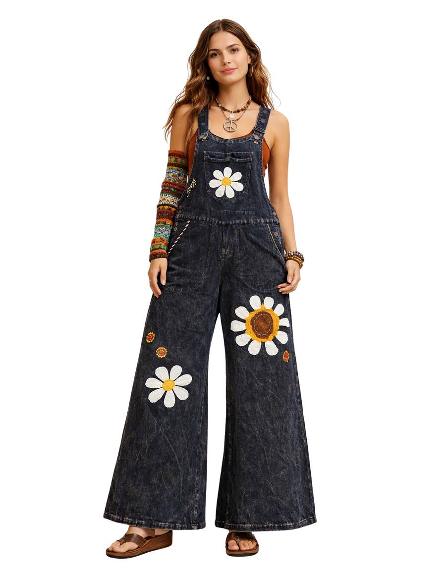 Boho Daisy Flower Embroidered Solid Cotton Hippie Overall boho clothing, festival outfit, hippie style apparel | Elevated Hippie