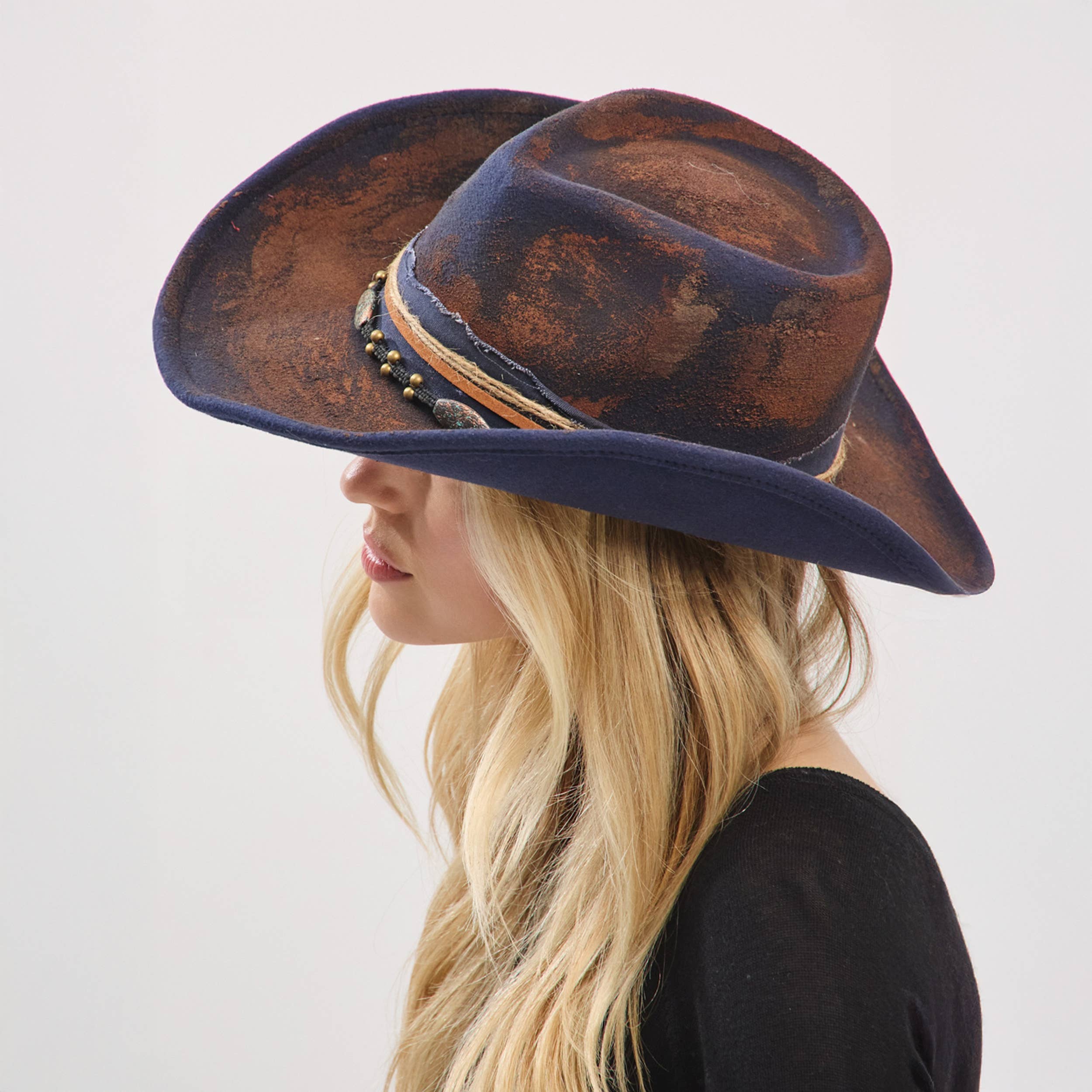 Distressed Fabric Multi Band Cowgirl Fedora Hat boho clothing, festival outfit, hippie style apparel | Elevated Hippie