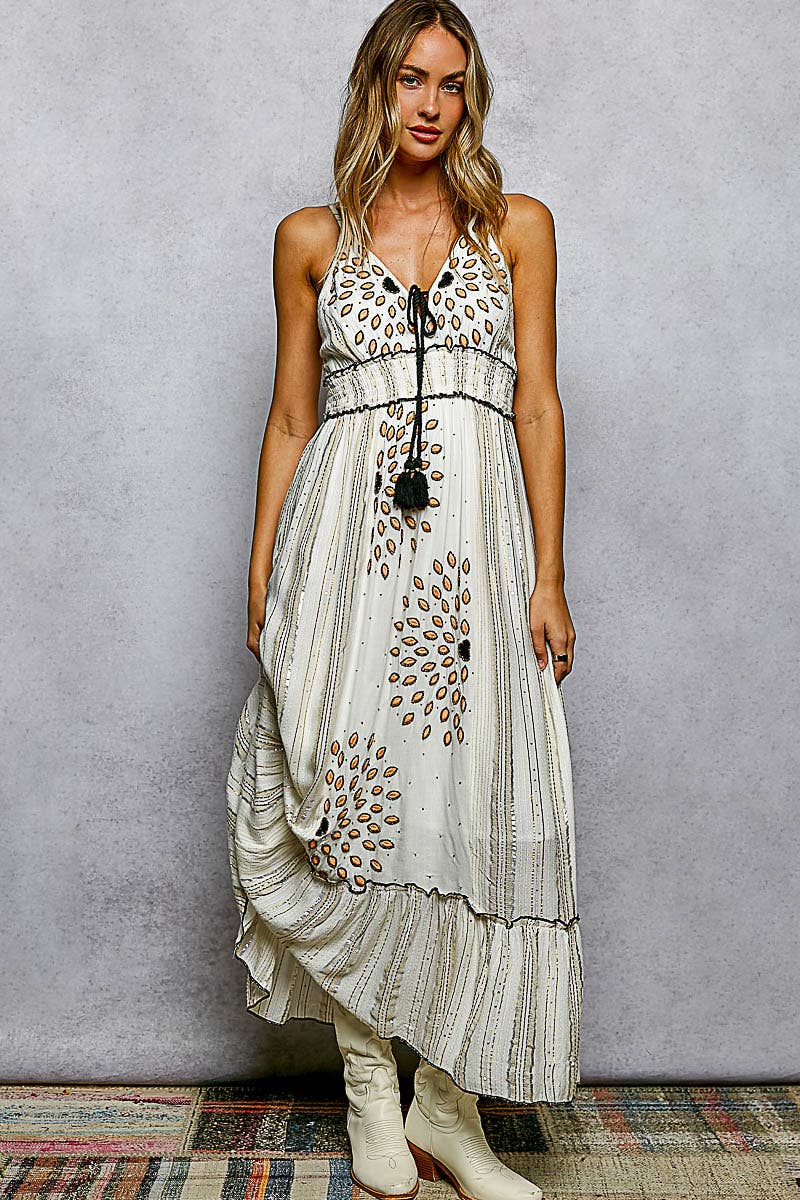 Deep V-Neck Tassel Ruffle Embroidered Trim Maxi Dress boho clothing, festival outfit, hippie style apparel | Elevated Hippie