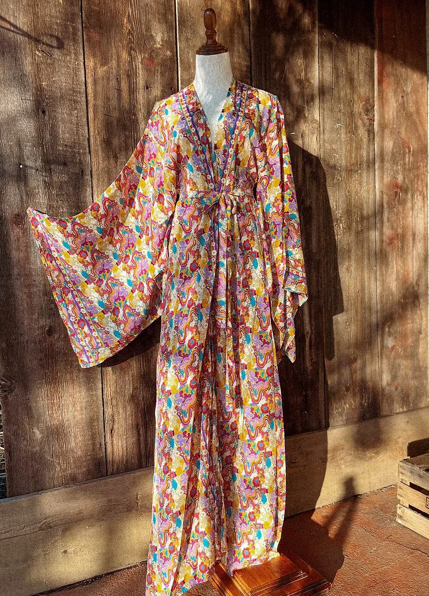 Rainbow Hippie Boho Psychedelic Kimono, Duster Robe boho clothing, festival outfit, hippie style apparel | Elevated Hippie