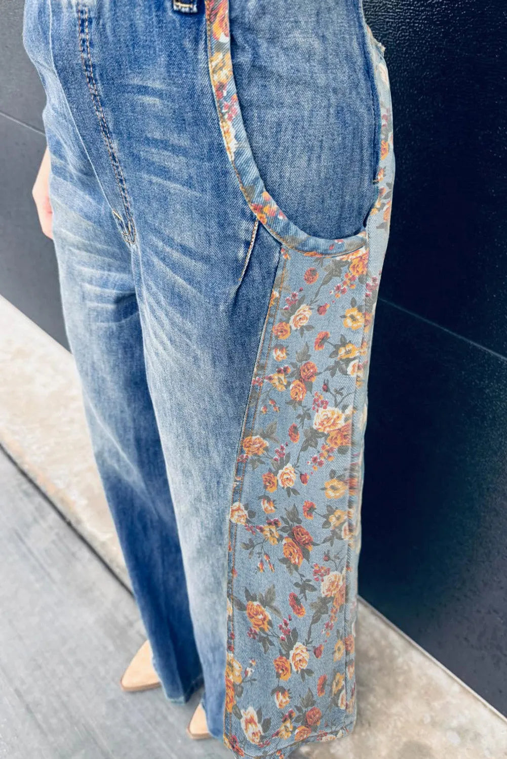 Peacock Blue Floral Patchwork Bib Denim Wide Leg Overalls boho clothing, festival outfit, hippie style apparel | Elevated Hippie