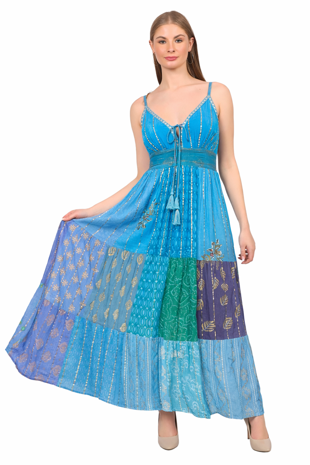 26428 Bohemian Patchwork Maxi Dress – Blue Multi Print Halter Dress boho clothing, festival outfit, hippie style apparel | Elevated Hippie