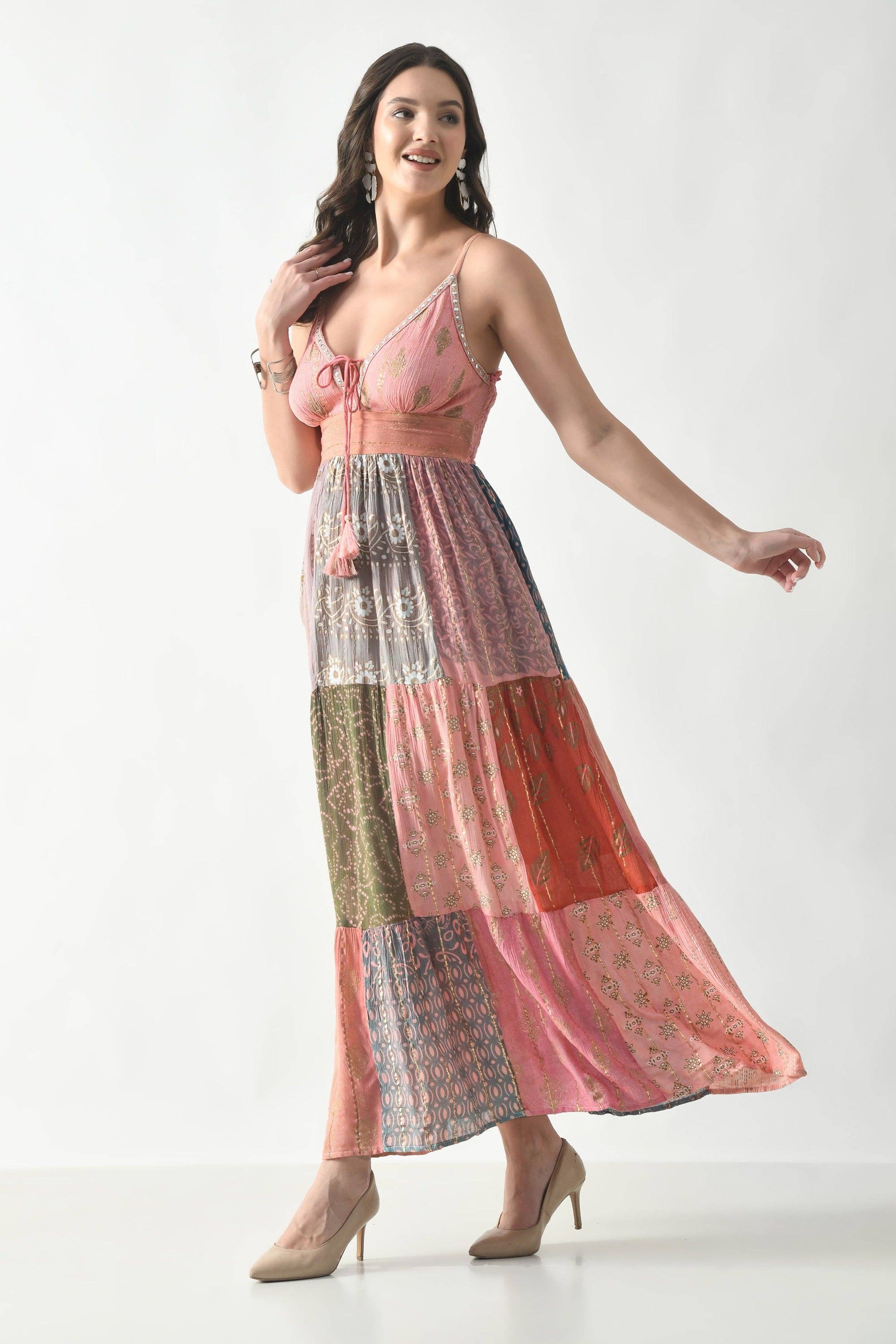 26428 Bohemian Patchwork Maxi Dress – Blue Multi Print Halter Dress boho clothing, festival outfit, hippie style apparel | Elevated Hippie