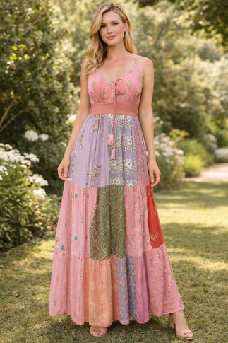 26428 Bohemian Patchwork Maxi Dress – Blue Multi Print Halter Dress boho clothing, festival outfit, hippie style apparel | Elevated Hippie