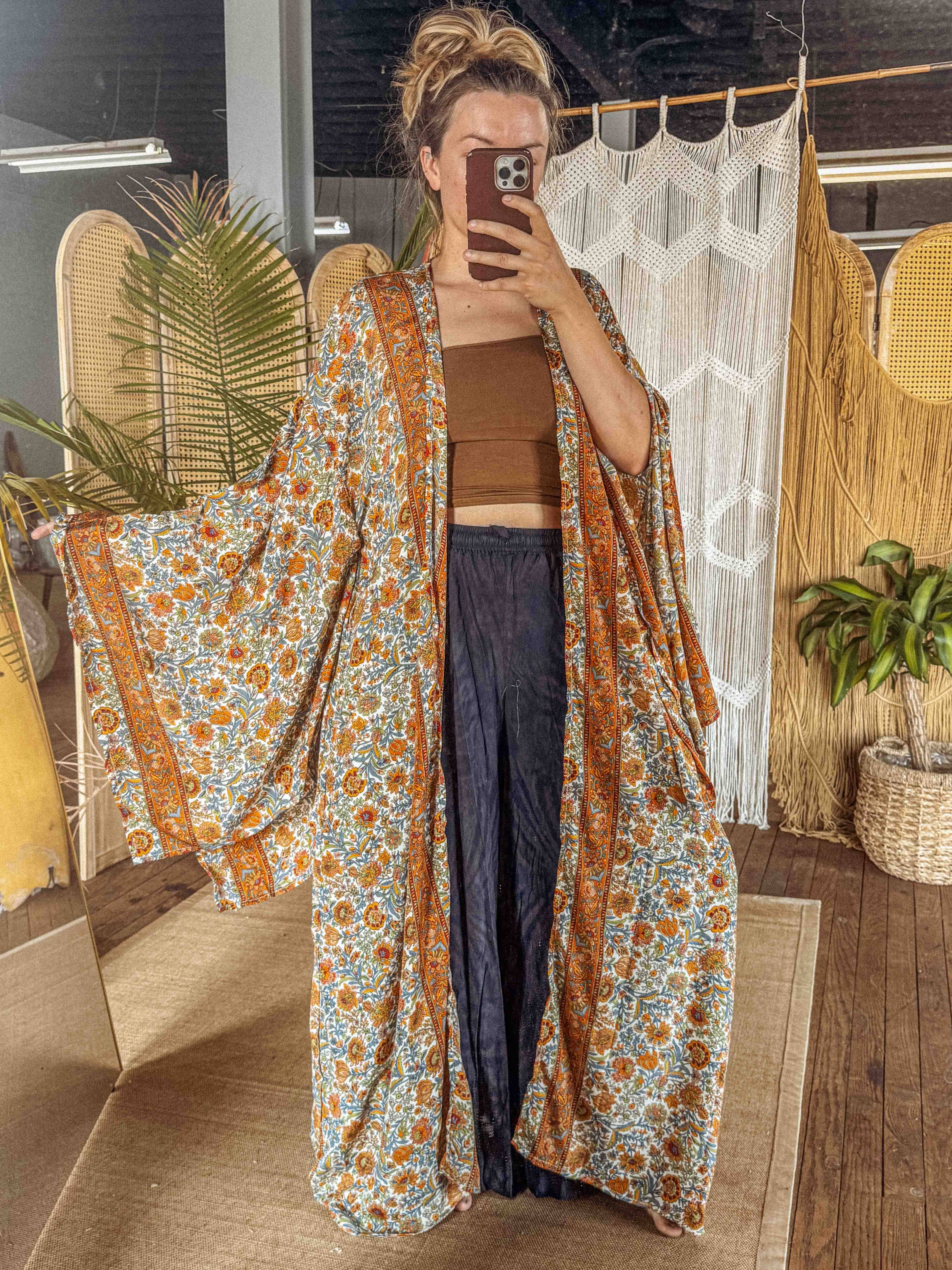 Gardenbelle Shop - BOHO Silk Bell Sleeve Long Maxi Kimono Duster Cardigan boho clothing, festival outfit, hippie style apparel | Elevated Hippie
