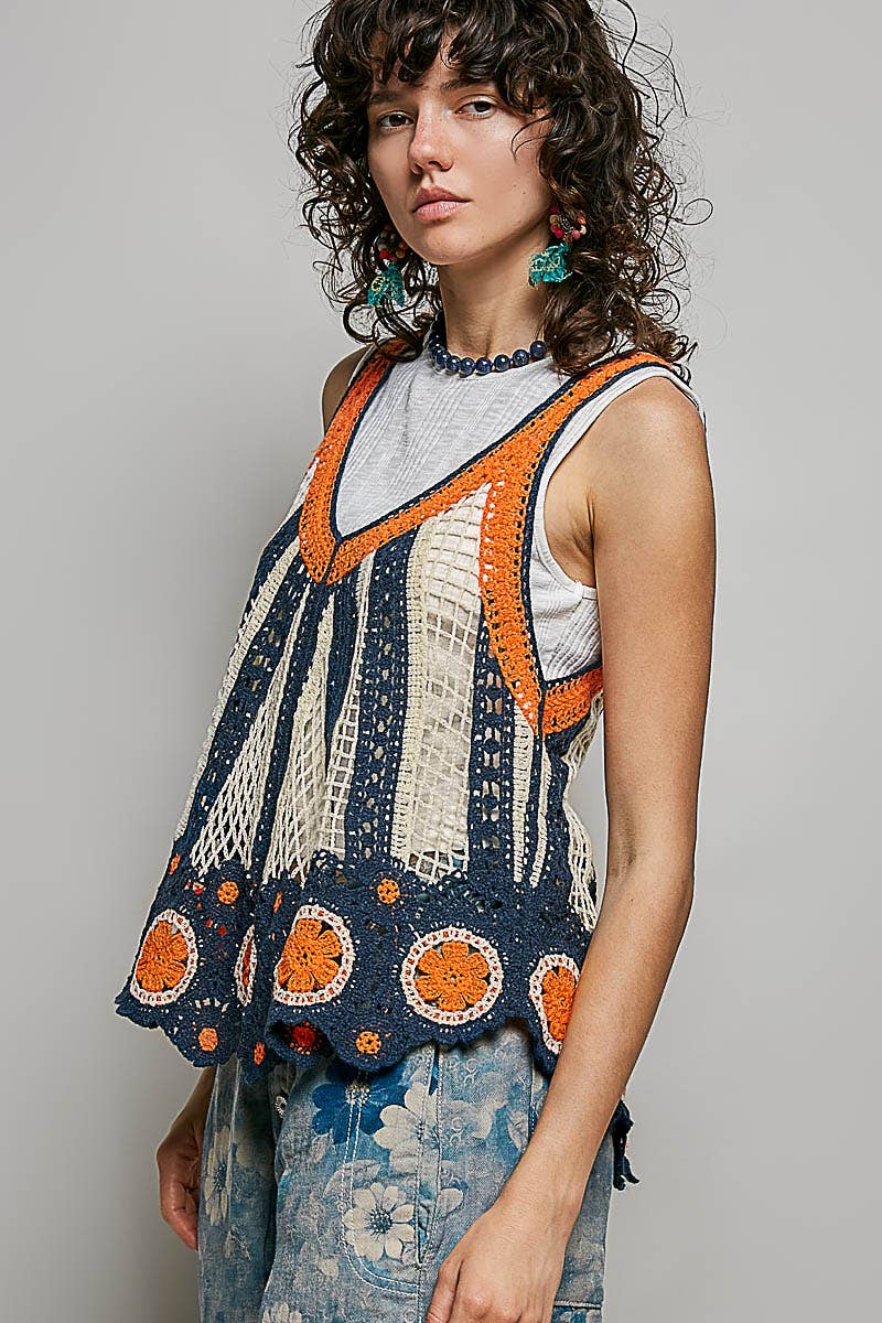 V-Neck Sleeveless Scalloped Edge Stripe Border Crochet Top boho clothing, festival outfit, hippie style apparel | Elevated Hippie