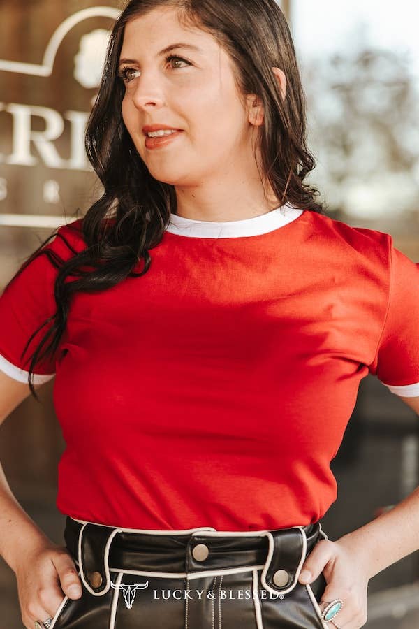 Red Ivory Contrast Neckline Sleeve Waist Length Top boho clothing, festival outfit, hippie style apparel | Elevated Hippie