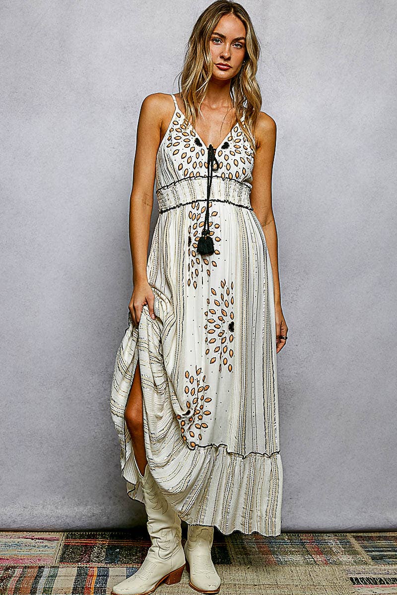 Deep V-Neck Tassel Ruffle Embroidered Trim Maxi Dress boho clothing, festival outfit, hippie style apparel | Elevated Hippie