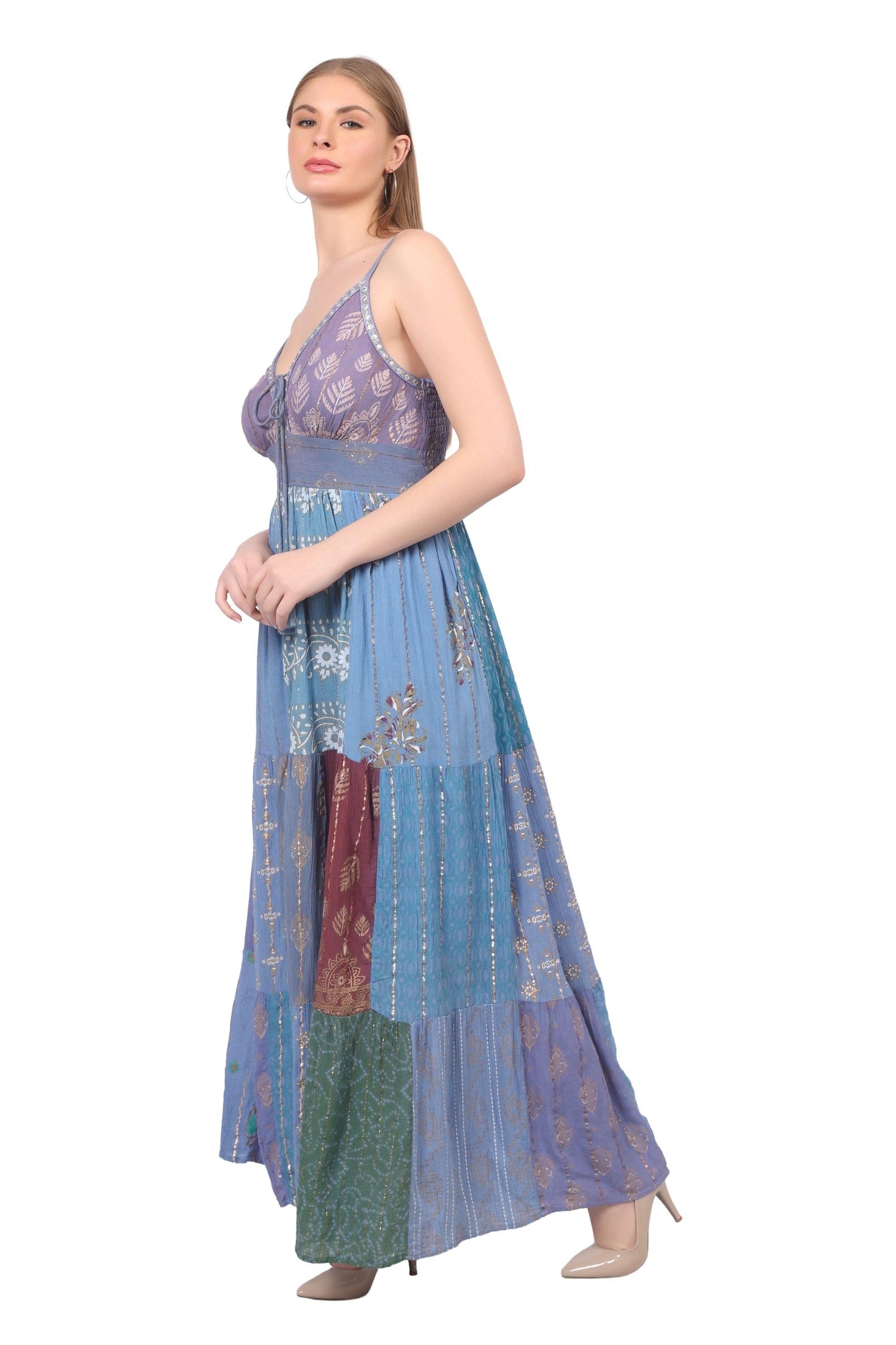 26428 Bohemian Patchwork Maxi Dress – Blue Multi Print Halter Dress boho clothing, festival outfit, hippie style apparel | Elevated Hippie