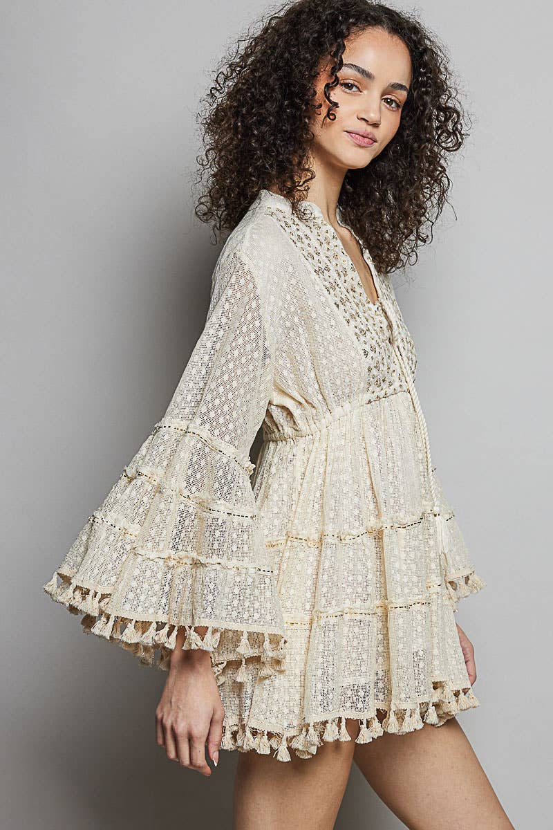 Split Embroidery Tassel Detail V-Neck Flared Short Dress boho clothing, festival outfit, hippie style apparel | Elevated Hippie