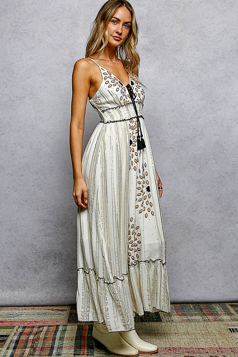 Deep V-Neck Tassel Ruffle Embroidered Trim Maxi Dress boho clothing, festival outfit, hippie style apparel | Elevated Hippie
