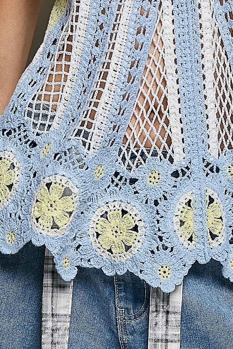 V-Neck Sleeveless Scalloped Edge Stripe Border Crochet Top boho clothing, festival outfit, hippie style apparel | Elevated Hippie