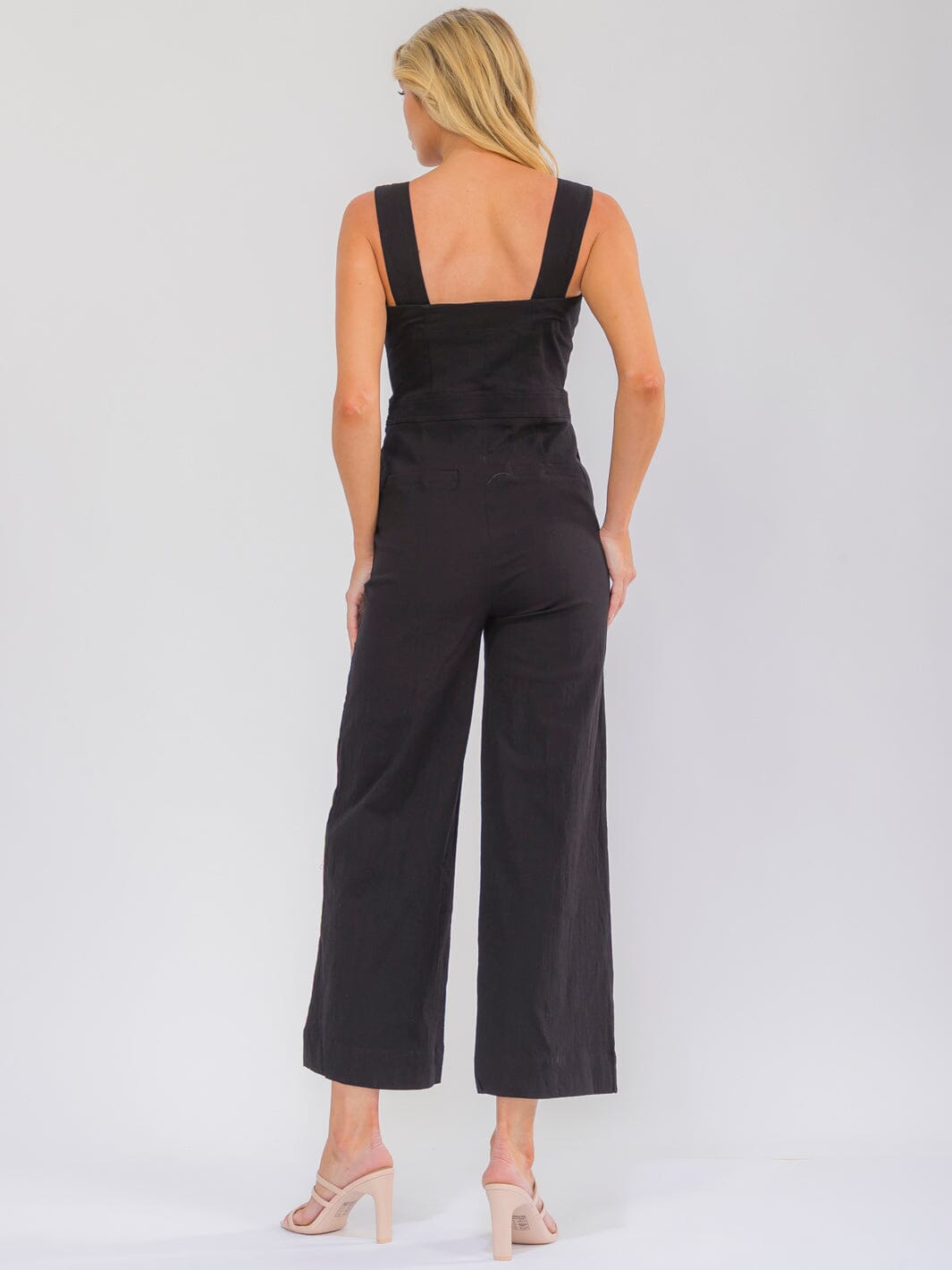 Women's Sleeveless Button Up Front Pockets Stretch Denim Jumpsuit