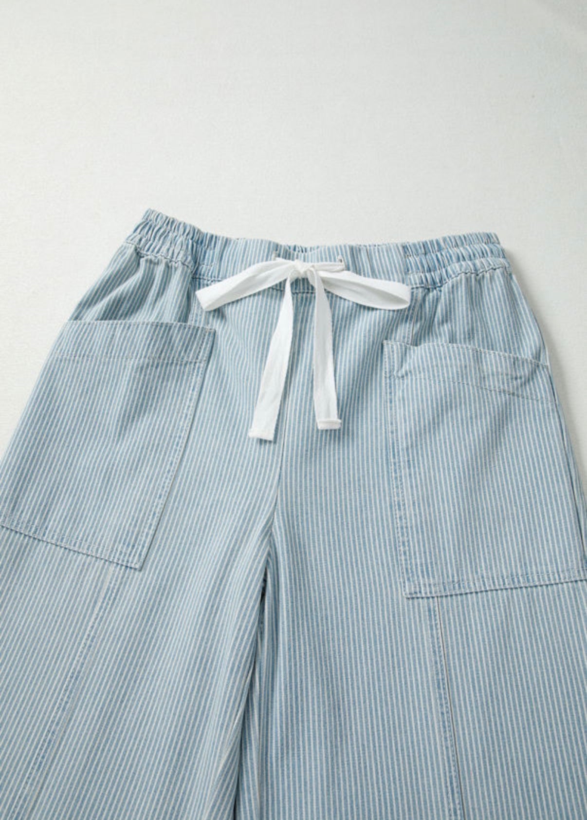 Sky Blue Stripe Drawstring Wide Leg Denim Pants boho clothing, festival outfit, hippie style apparel | Elevated Hippie