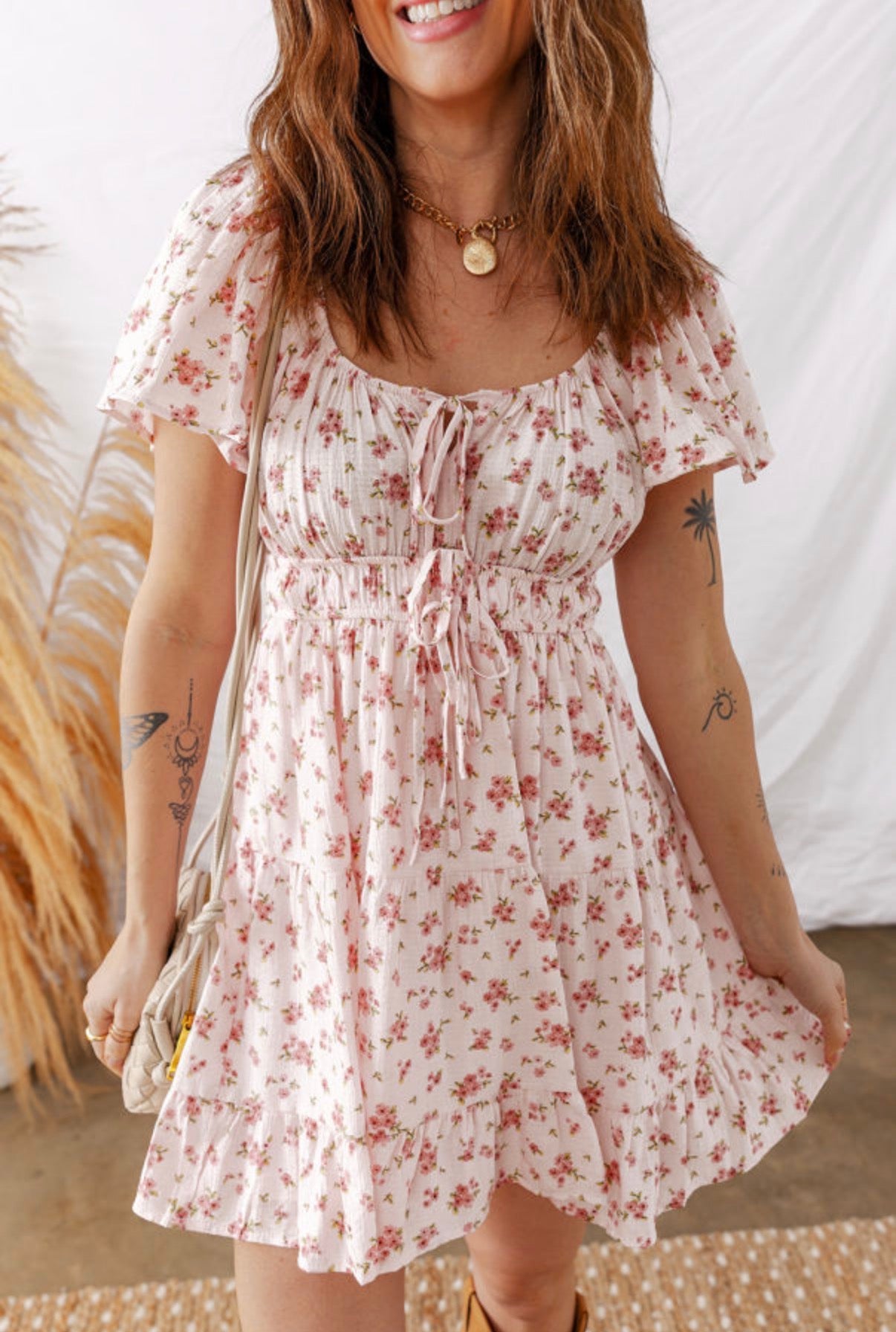 Pink Floral Tie Front Mini Dress with Shirred Waist boho clothing, festival outfit, hippie style apparel | Elevated Hippie