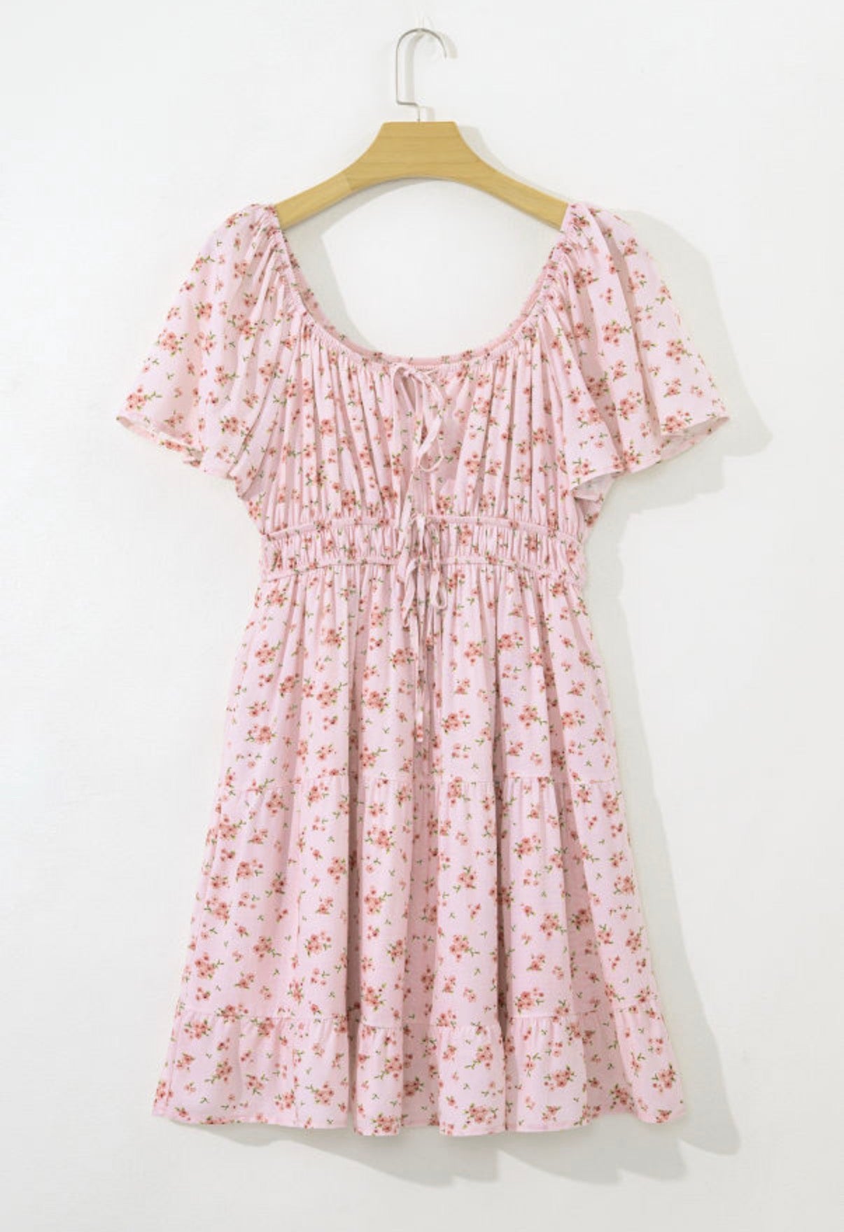 Pink Floral Tie Front Mini Dress with Shirred Waist boho clothing, festival outfit, hippie style apparel | Elevated Hippie
