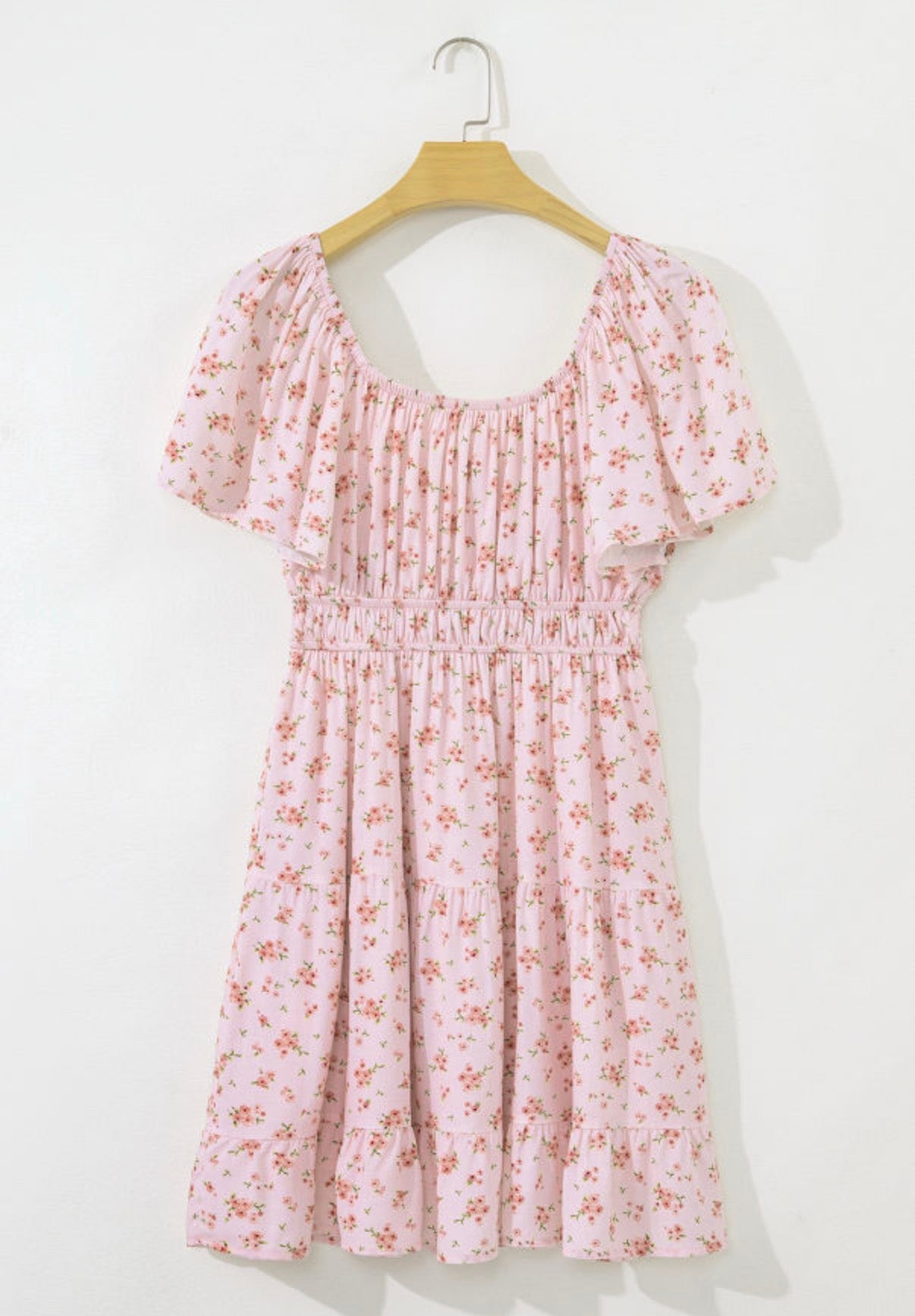Pink Floral Tie Front Mini Dress with Shirred Waist boho clothing, festival outfit, hippie style apparel | Elevated Hippie