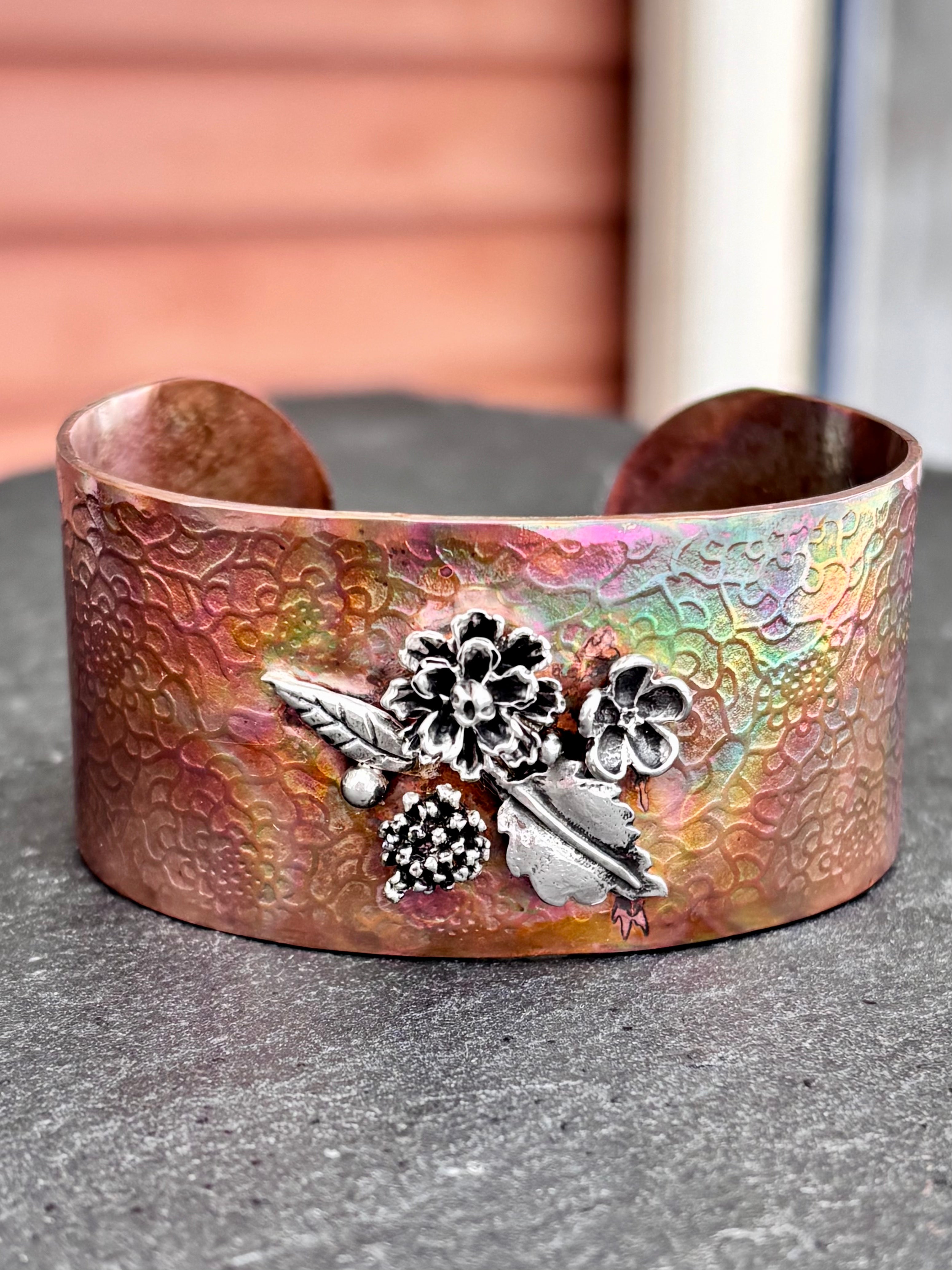 Copper 1" Fire painted cuff with sterling silver flowers boho clothing, festival outfit, hippie style apparel | Elevated Hippie