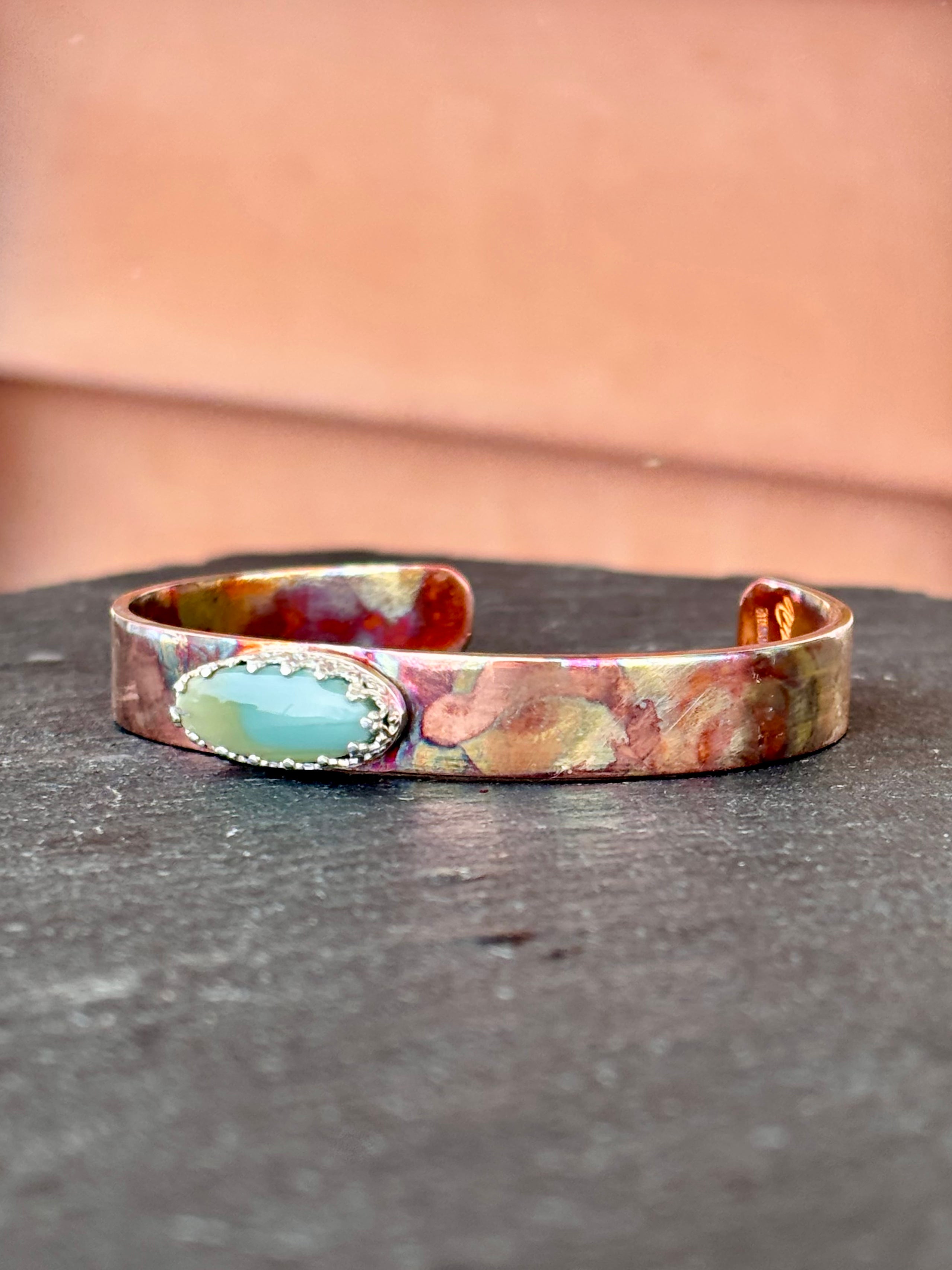Copper and Sterling Silver 3/8" wide fire painted cuff with Imperial Jasper boho clothing, festival outfit, hippie style apparel | Elevated Hippie