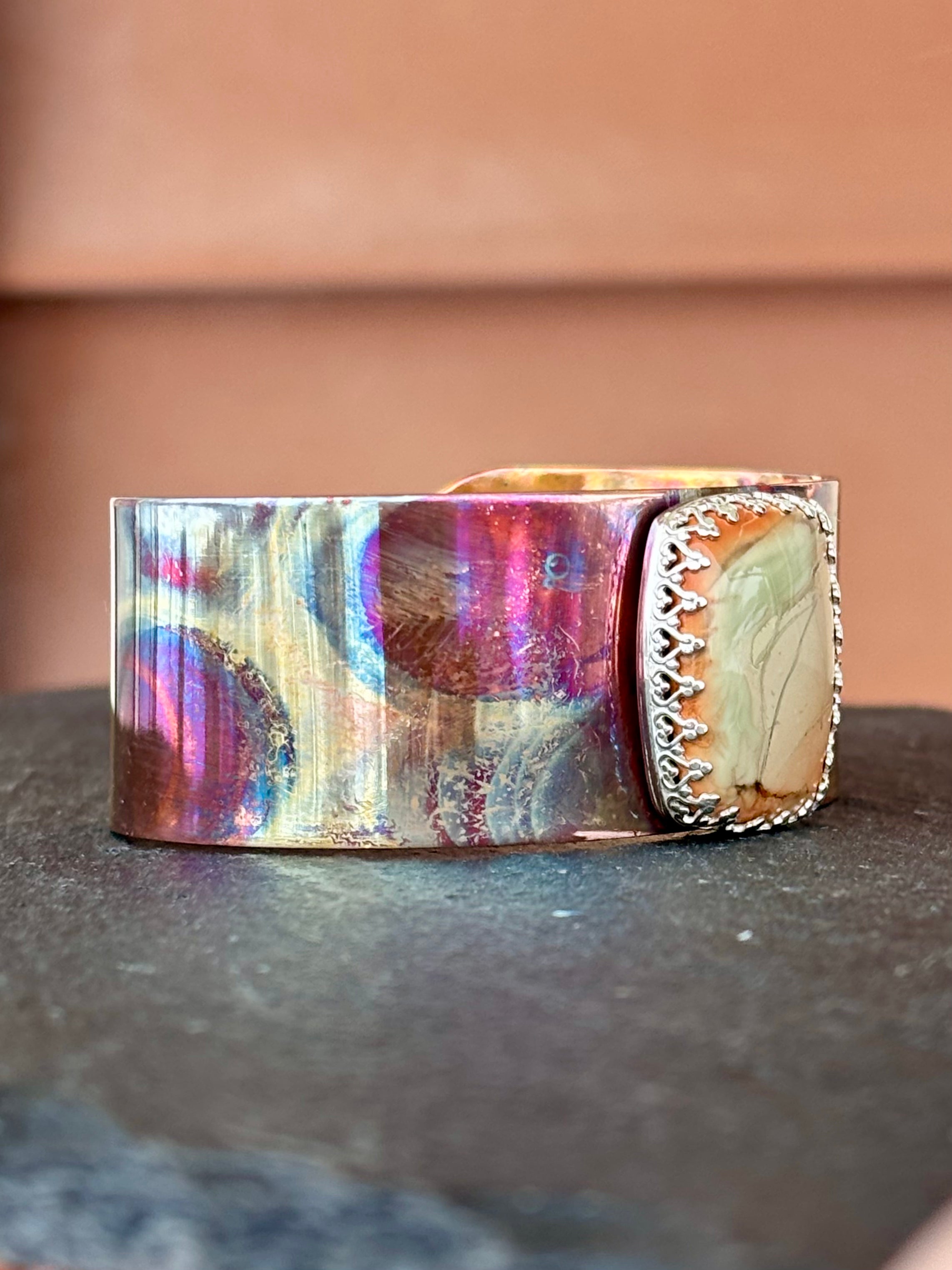 Copper and Sterling Silver 1" wide fire painted cuff with Imperial Jasper boho clothing, festival outfit, hippie style apparel | Elevated Hippie