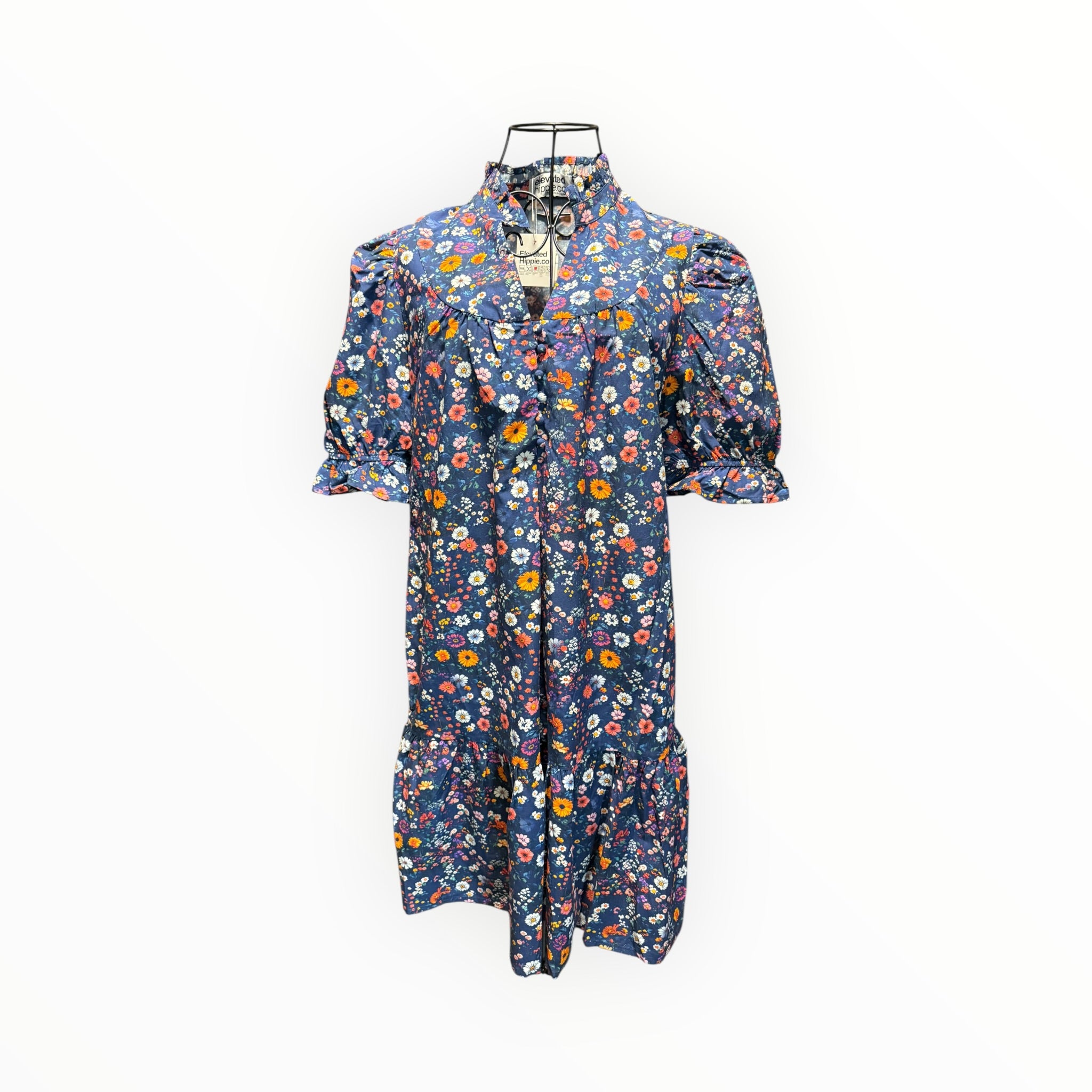 Blue Wild Daisy Floral Puff Sleeve Mini Dress boho clothing, festival outfit, hippie style apparel | Elevated Hippie