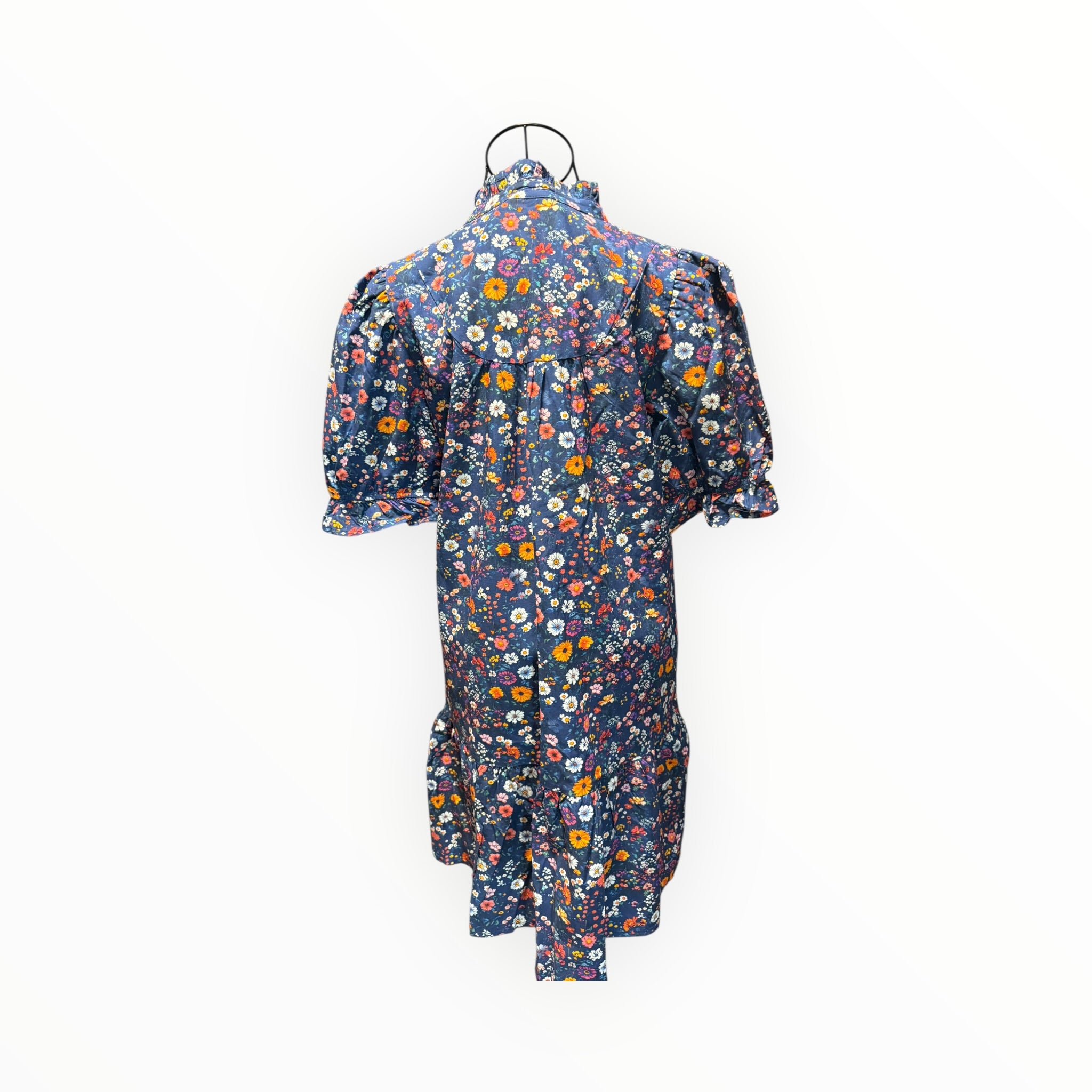 Blue Wild Daisy Floral Puff Sleeve Mini Dress boho clothing, festival outfit, hippie style apparel | Elevated Hippie