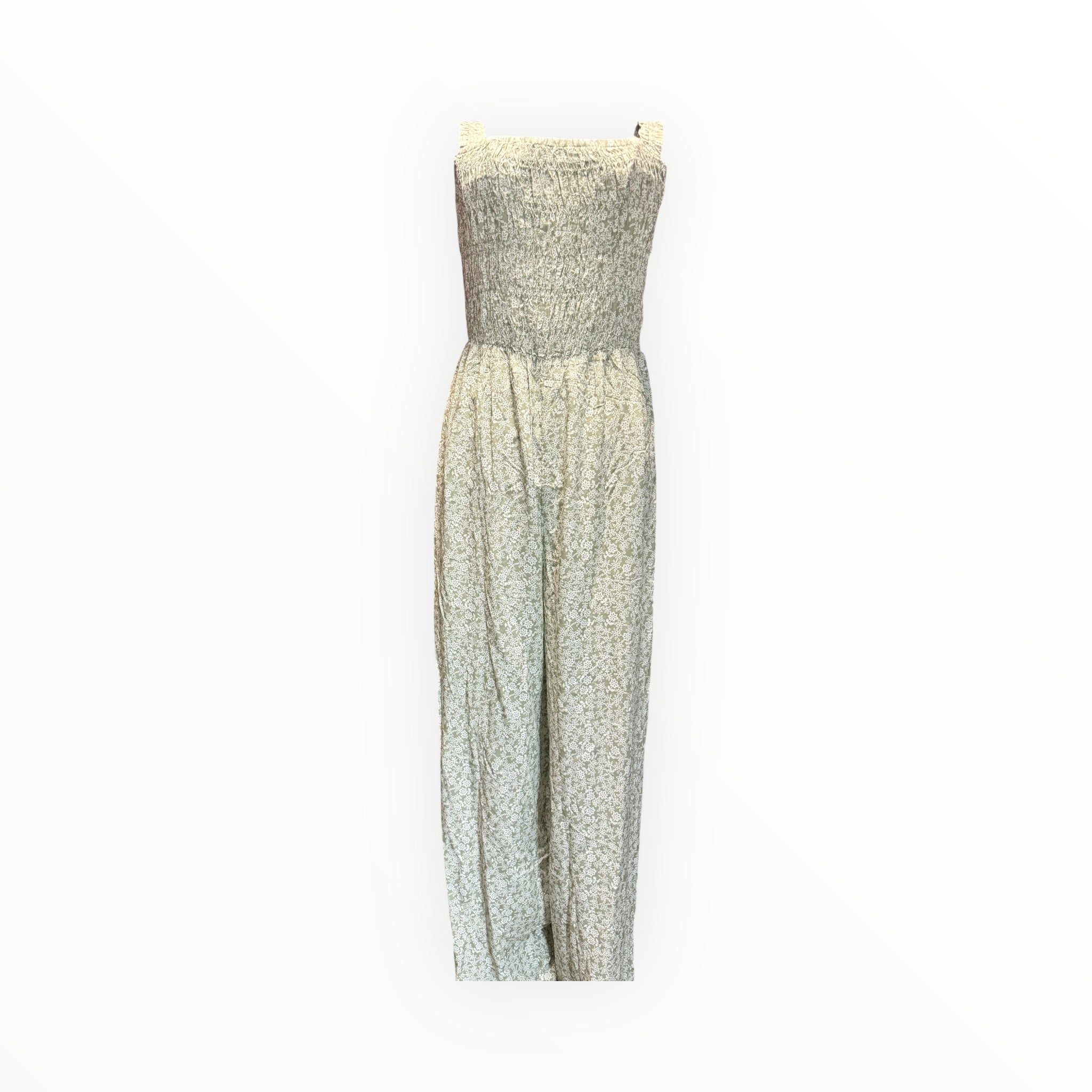 Women’s Green Floral Jumpsuit – Smocked Bodice Square Neck Sleeveless High Waist Romper with Pockets boho clothing, festival outfit, hippie style apparel | Elevated Hippie