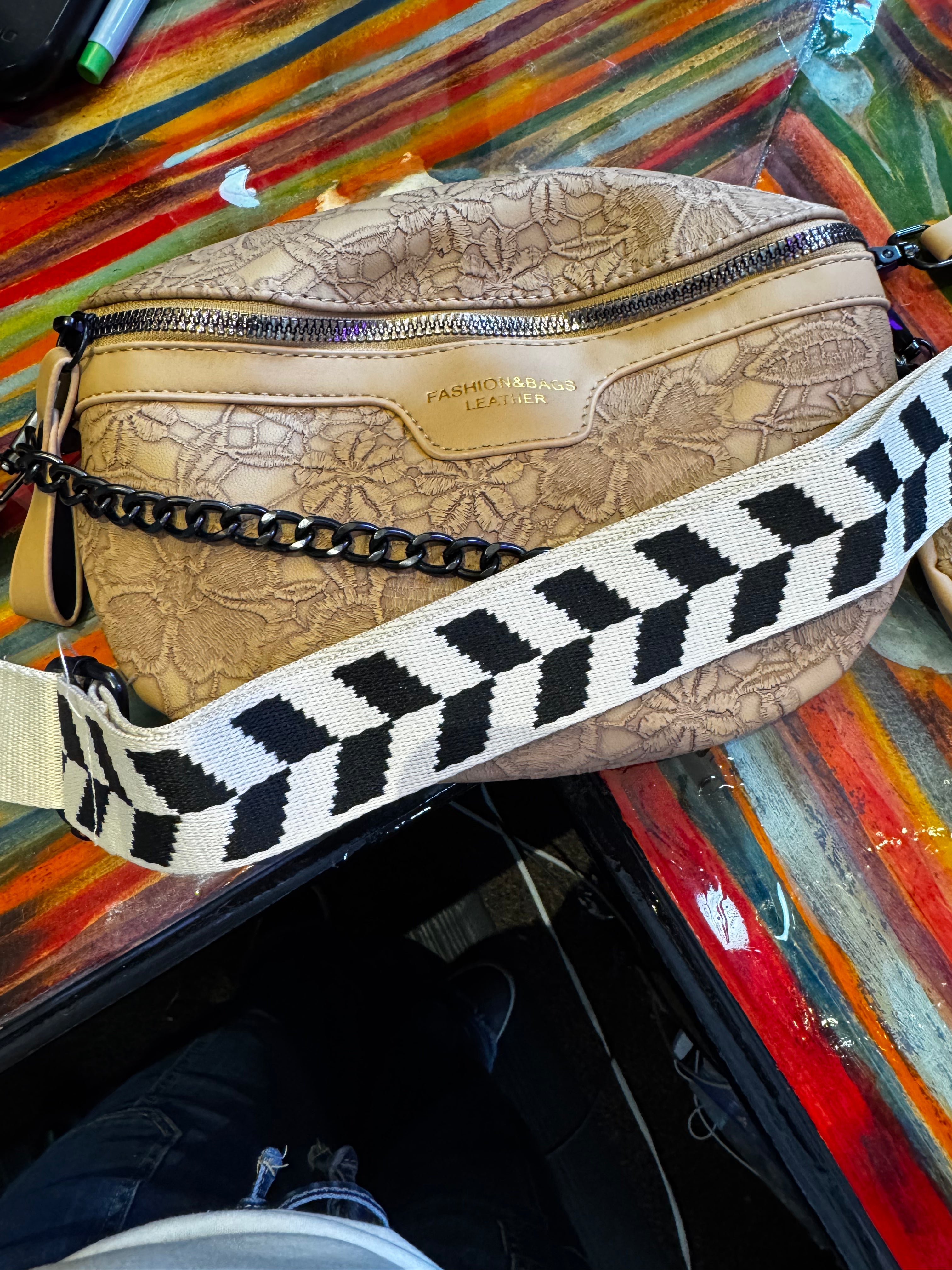 Patchwork Floral Chain Strap Shoulder Bag with Coin Purse – Camel boho clothing, festival outfit, hippie style apparel | Elevated Hippie