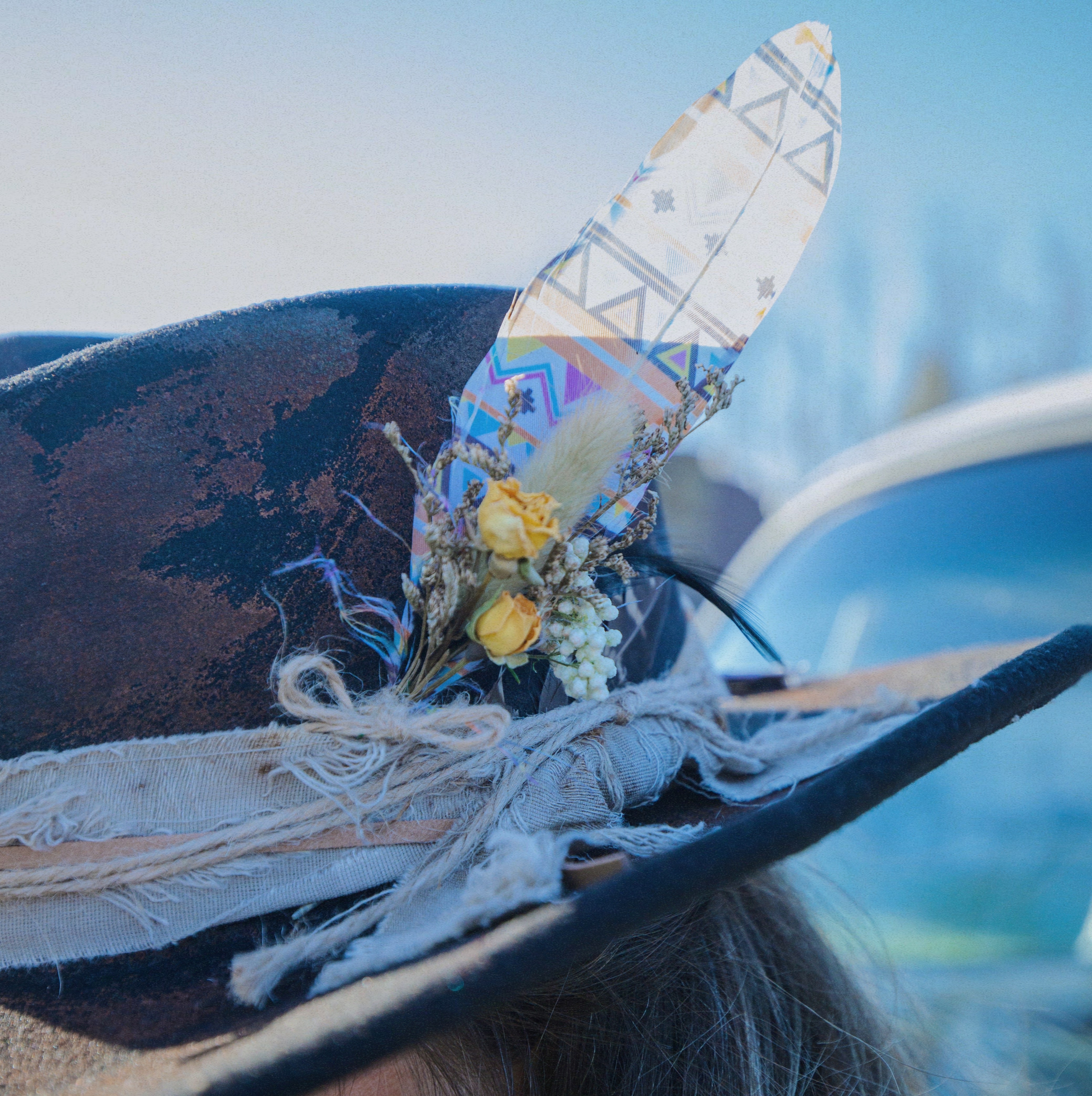 Distressed Fabric Band Feather Cowgirl Fedora Hat boho clothing, festival outfit, hippie style apparel | Elevated Hippie