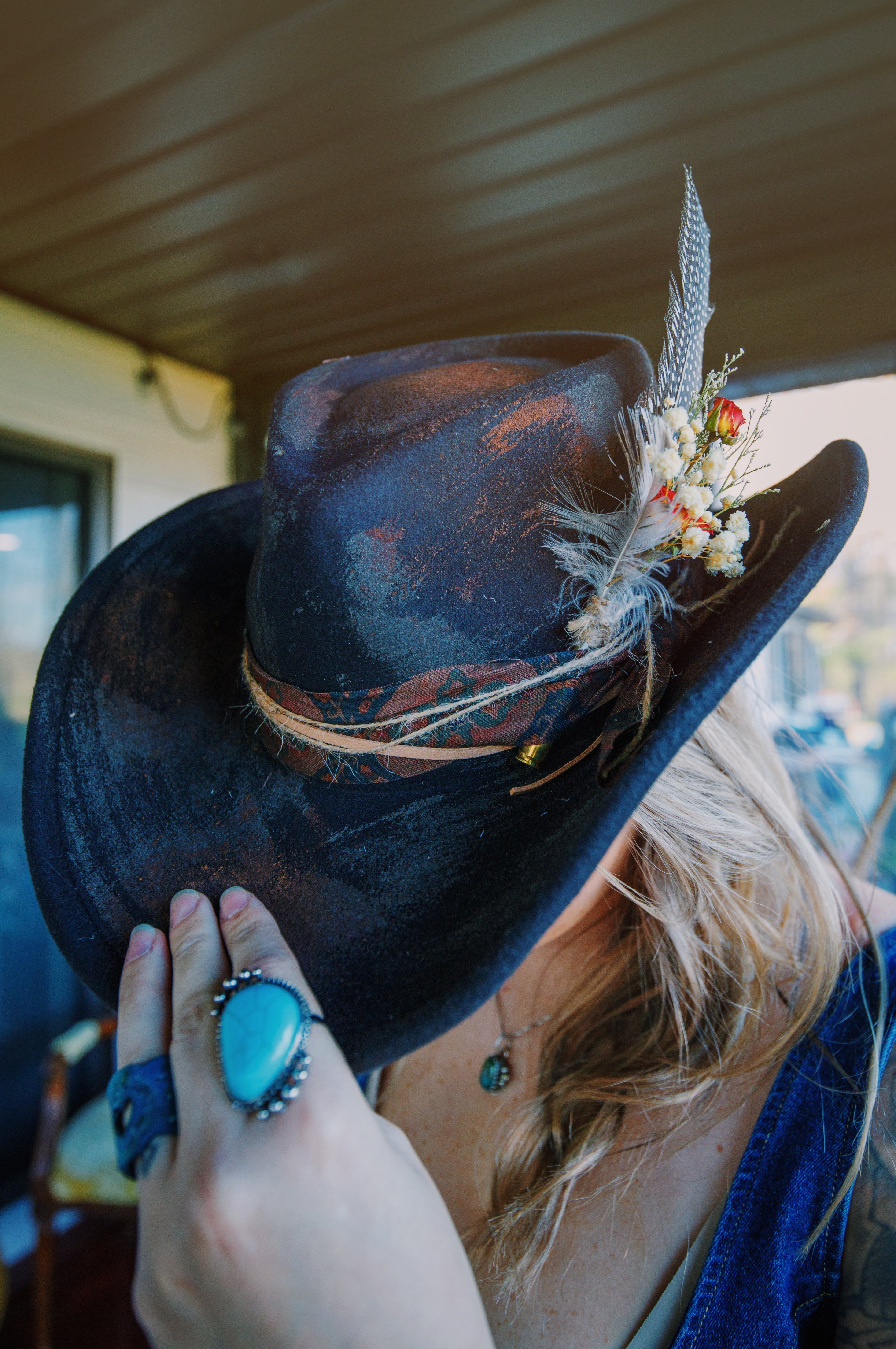 Distressed Fabric Band Feather Cowgirl Fedora Hat boho clothing, festival outfit, hippie style apparel | Elevated Hippie