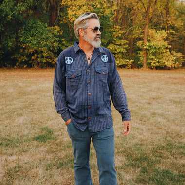Men's Cotton L\S Cowboy Shirt w/ Tonal Peace Embroidery - The Elevated Hippie