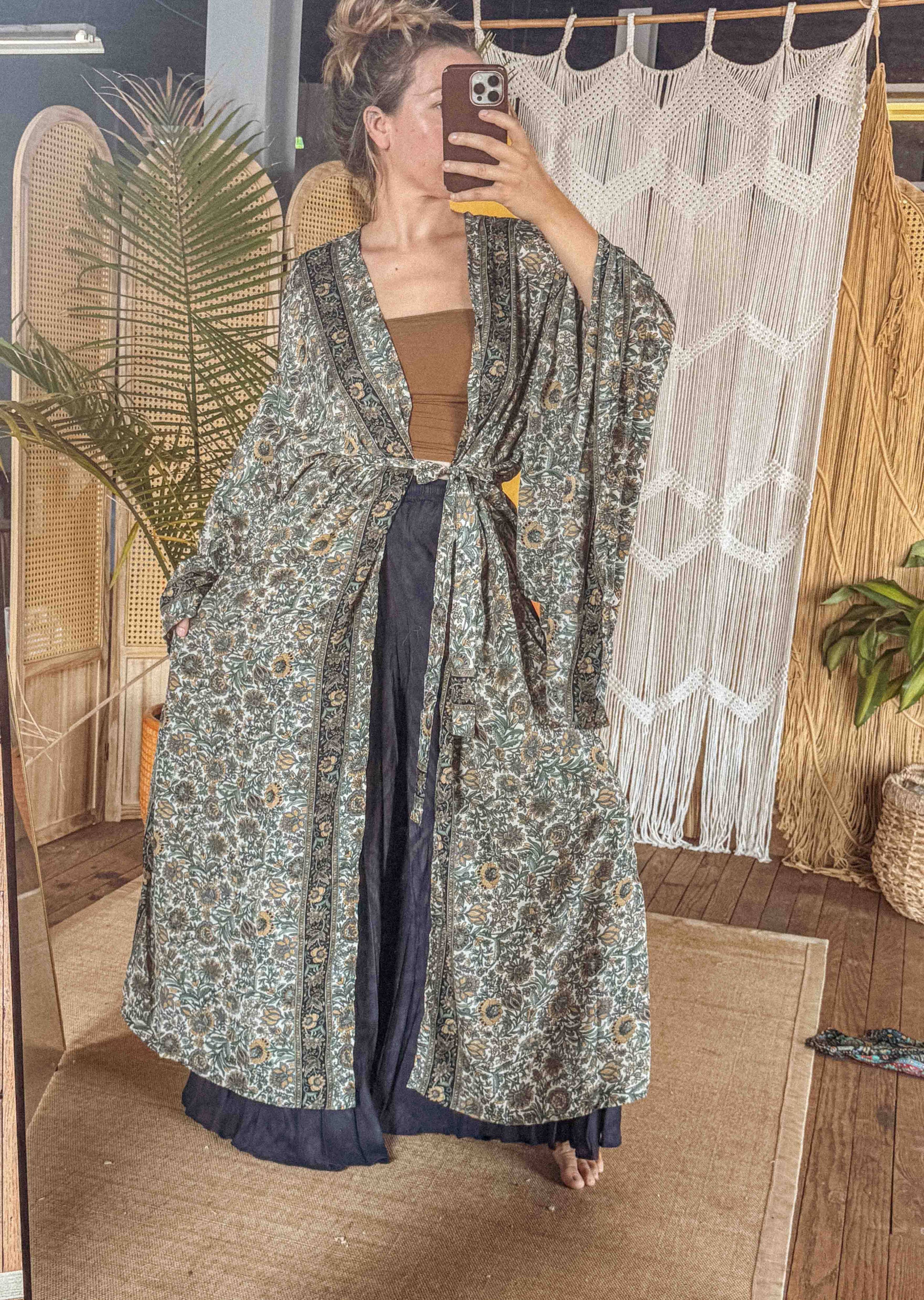 Gardenbelle Shop - BOHO Silk Bell Sleeve Long Maxi Kimono Duster Cardigan boho clothing, festival outfit, hippie style apparel | Elevated Hippie