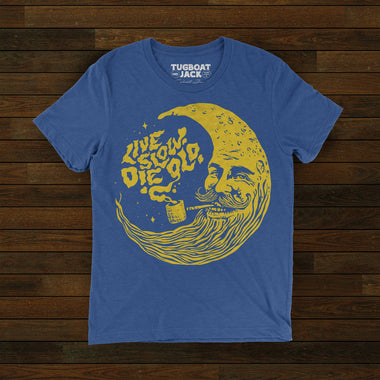 Moon Man Graphic Tee – Unisex Royal Blue Triblend T-Shirt – Cosmic Wisdom Print - The Elevated Hippie