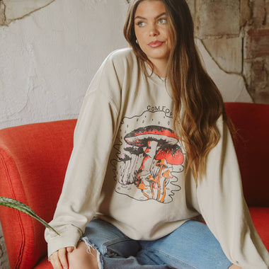 Comfortably Numb Sand Thrifted Graphic Sweatshirt - The Elevated Hippie