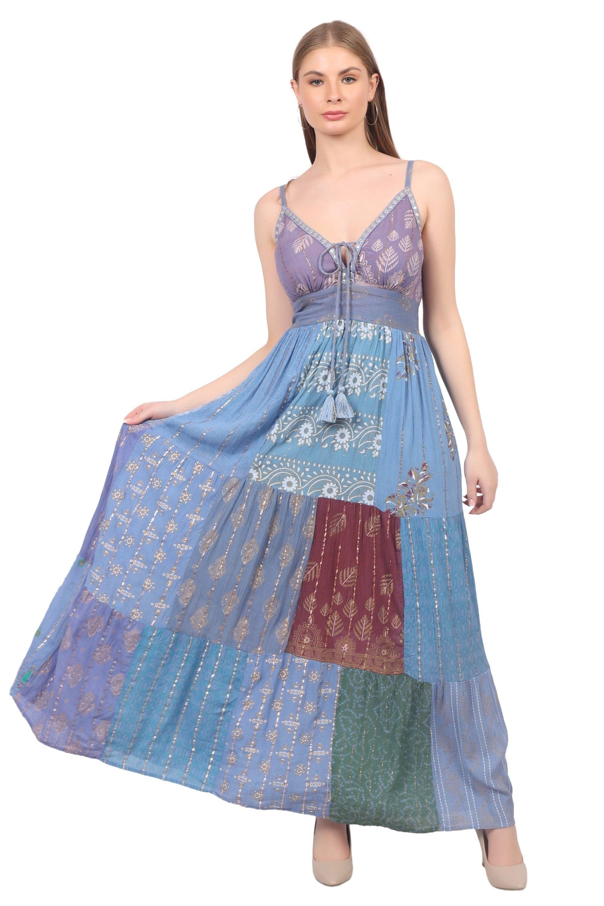 26428 Bohemian Patchwork Maxi Dress – Blue Multi Print Halter Dress boho clothing, festival outfit, hippie style apparel | Elevated Hippie