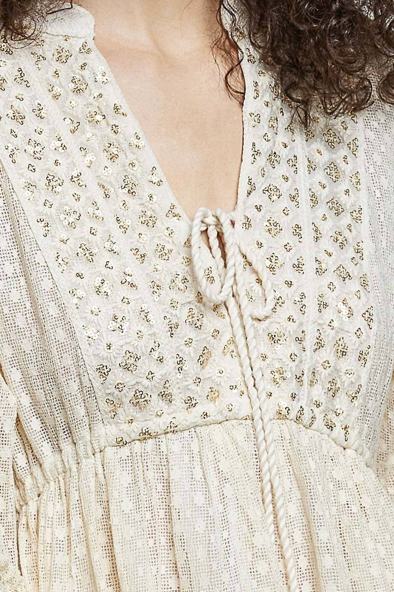 Split Embroidery Tassel Detail V-Neck Flared Short Dress boho clothing, festival outfit, hippie style apparel | Elevated Hippie