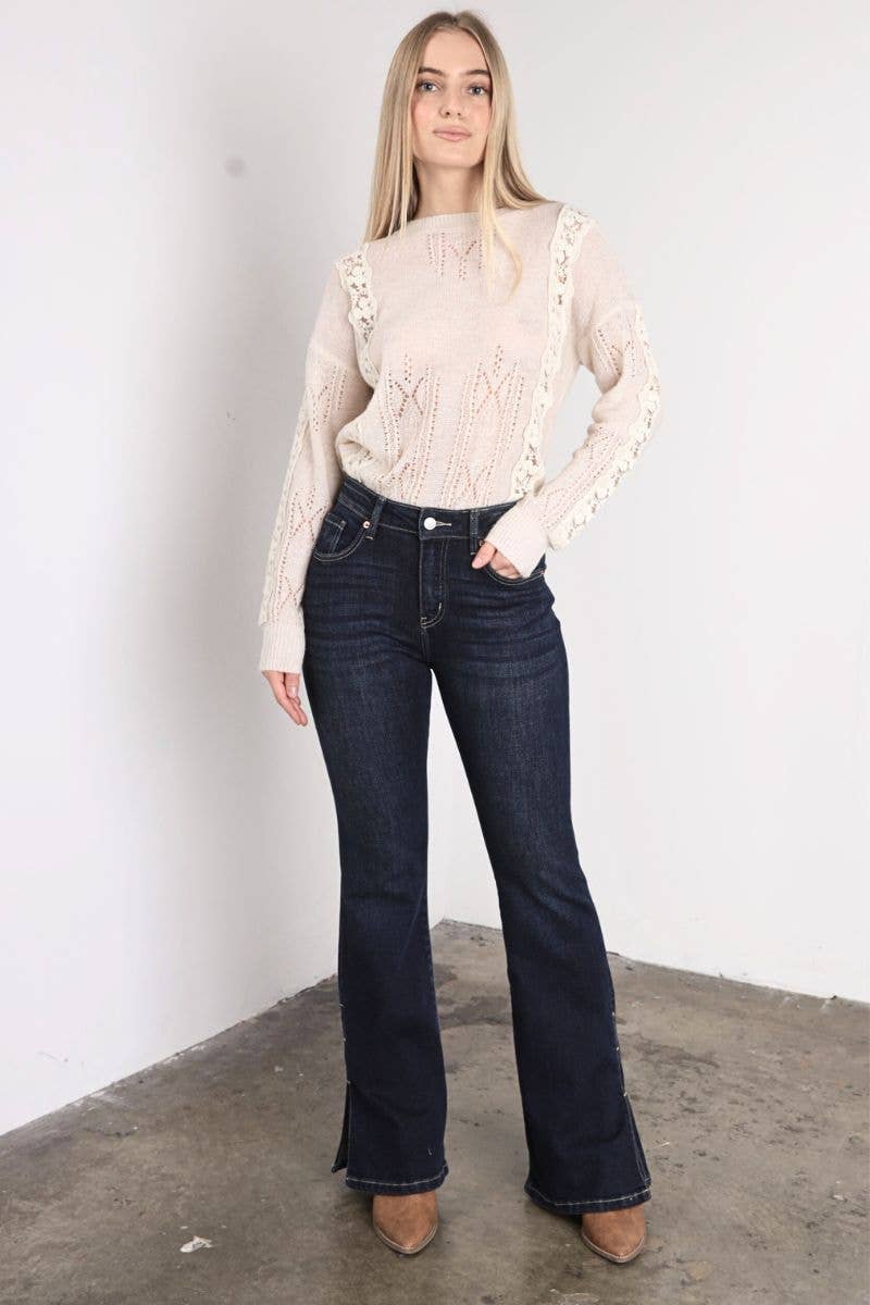 Artemis High Rise Flare Jeans – Side Slit Detail, Stretch Denim, Dark Stone Wash - The Elevated Hippie