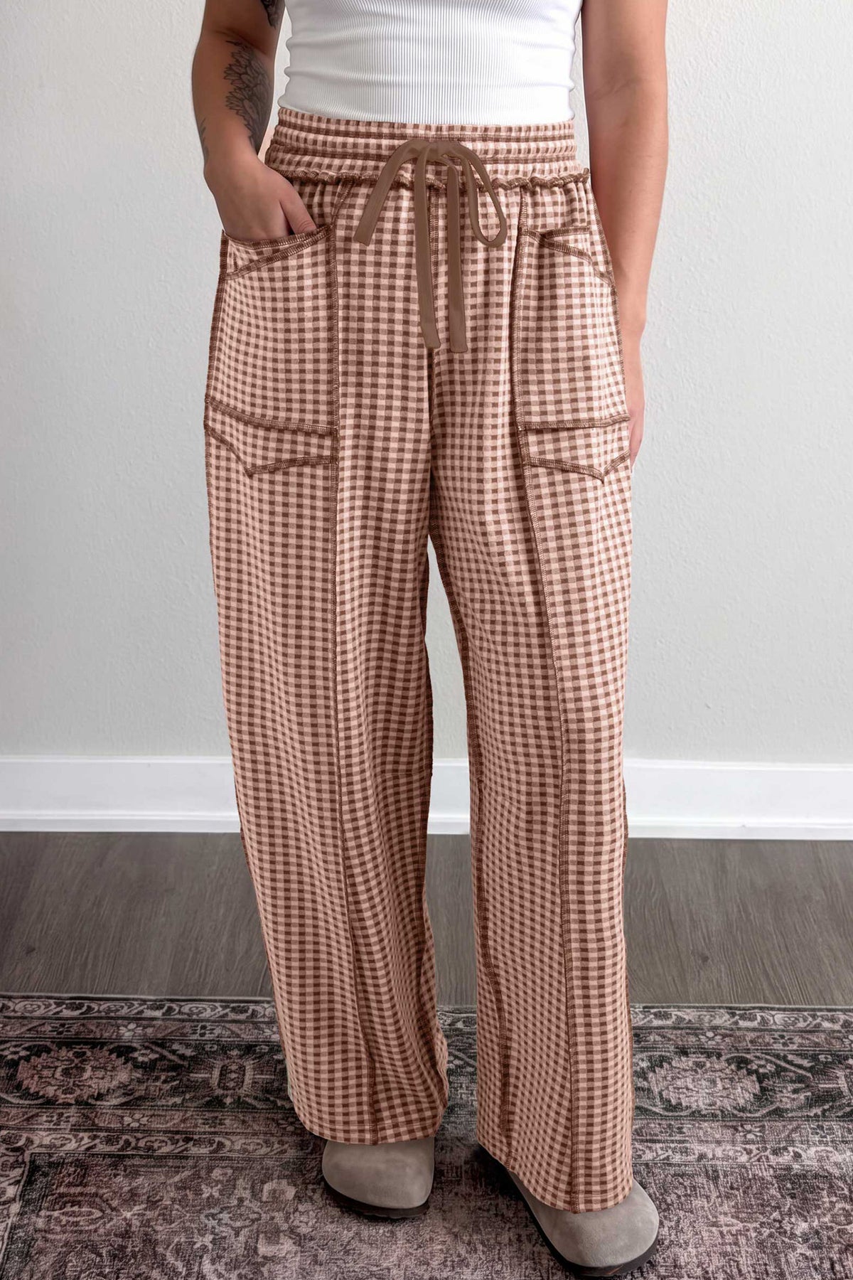 Brown Plaid Drawstring Elastic Waist Pants