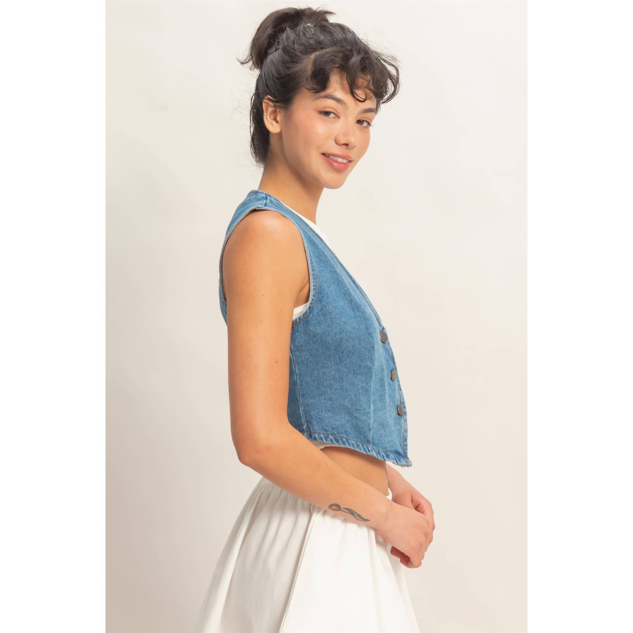 V-Neck Sleeveless Denim Vest boho clothing, festival outfit, hippie style apparel | Elevated Hippie