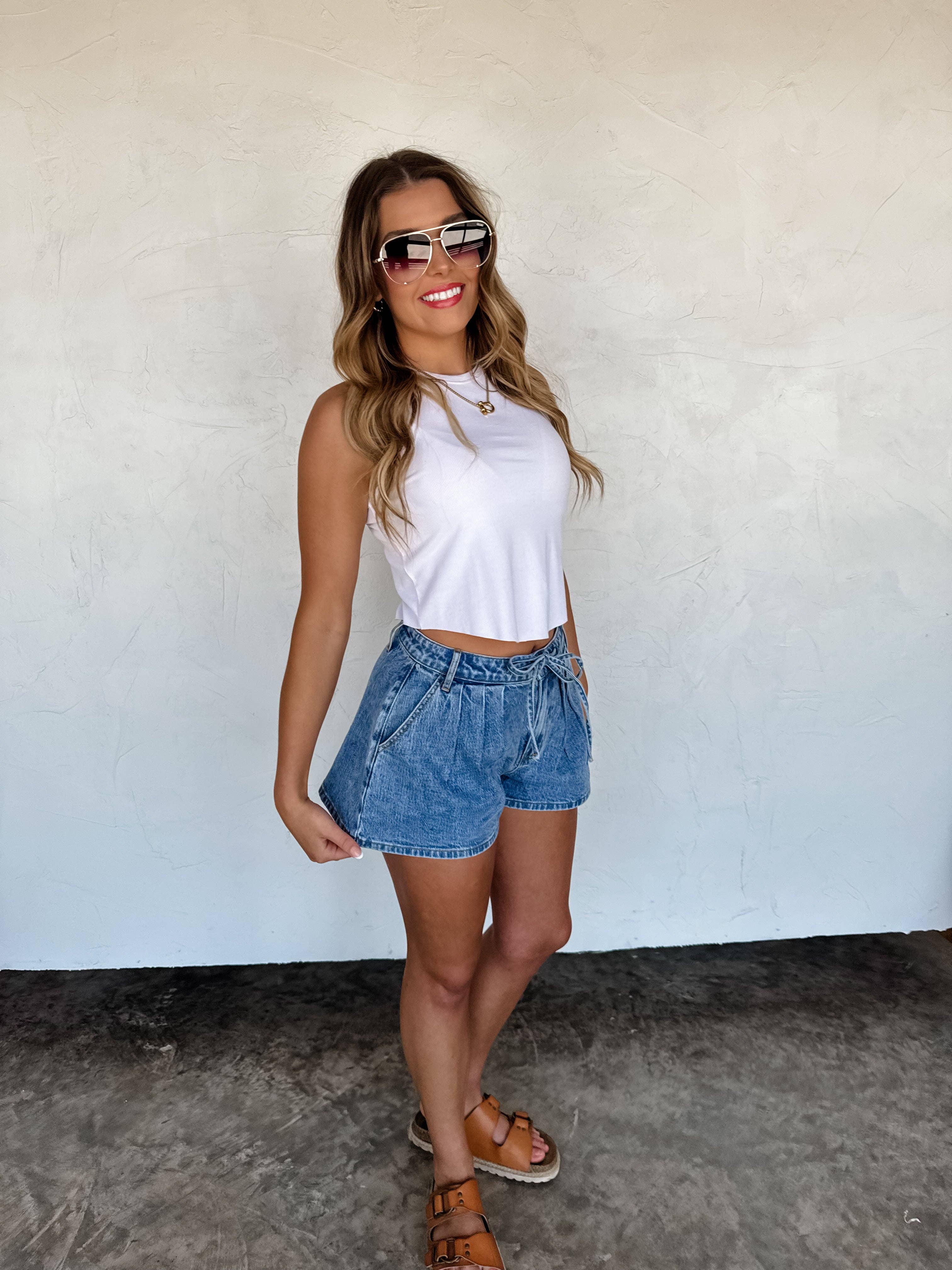 Sutton Pleated Denim Shorts – Stretch Tie Waist Boho Shorts boho clothing, festival outfit, hippie style apparel | Elevated Hippie