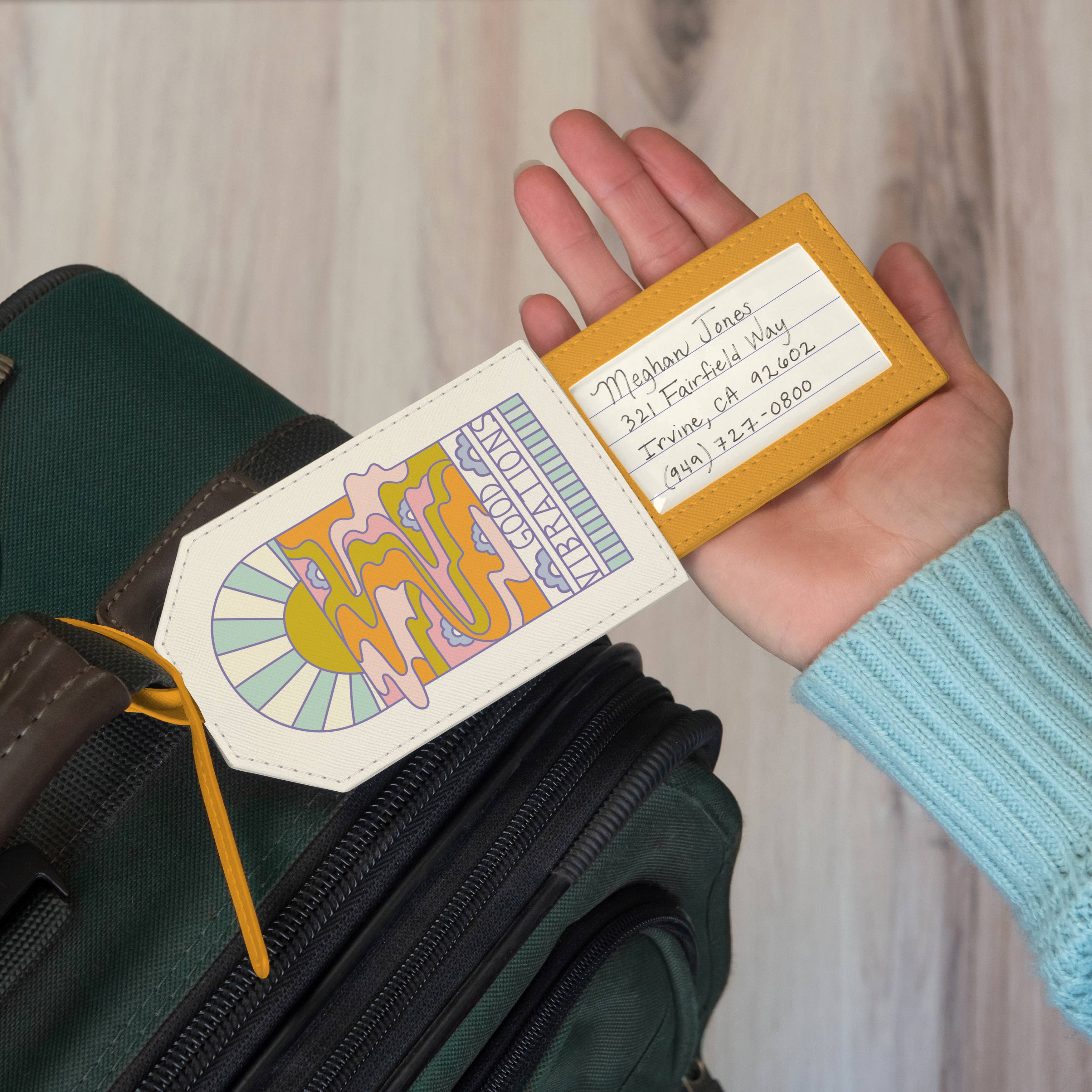 Good Vibrations Slide-Out Luggage Tag boho clothing, festival outfit, hippie style apparel | Elevated Hippie