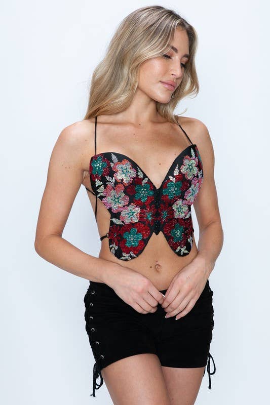 FLORAL BEADED BUTTERFLY RHINESTONE LACE UP BACK BRALETTE TOP boho clothing, festival outfit, hippie style apparel | Elevated Hippie