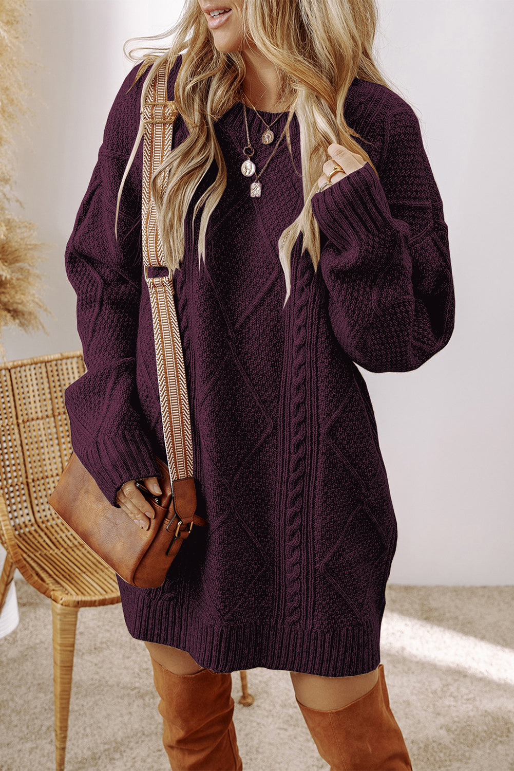 Burgundy Cable Knit Drop Shoulder Sweater Dress