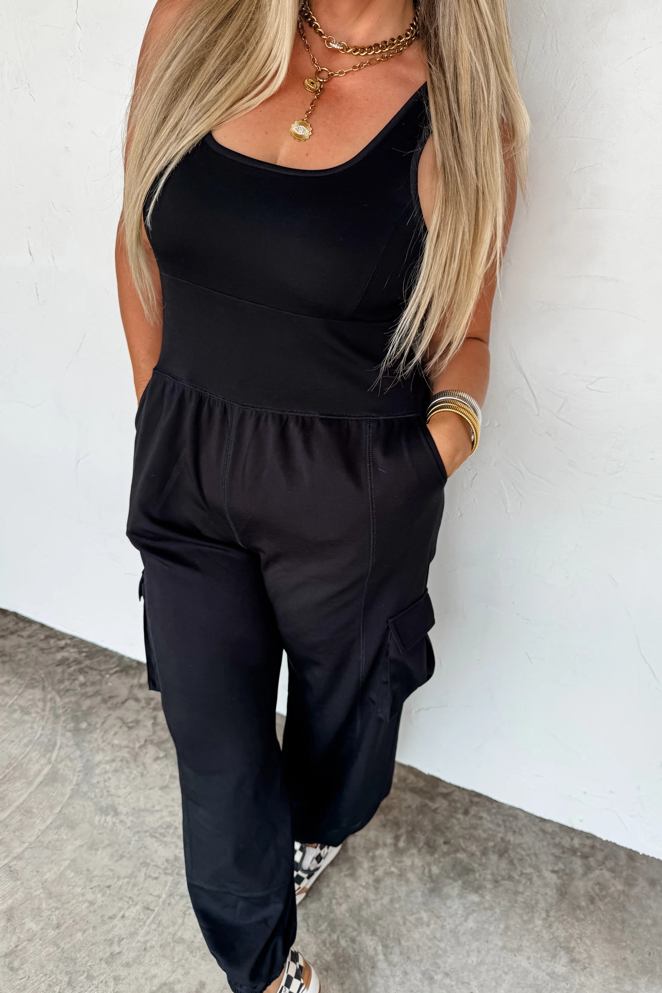 ALL SET TANK ROMPERBoho Tank Romper – Soft Stretch Fabric – Scoop Neck – Side & Cargo Pockets – Casual Utility One-Piece - The Elevated Hippie